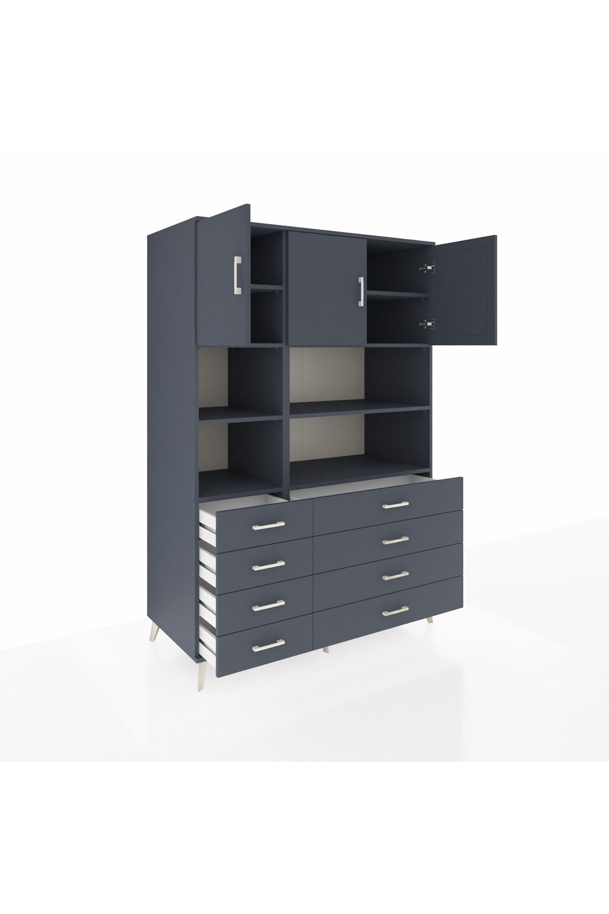 Kronos Dolap 8 Raflı 8 Çekmeceli 3 Kapaklı 132x59x195 Antrasit-Antrasit/Antrasit