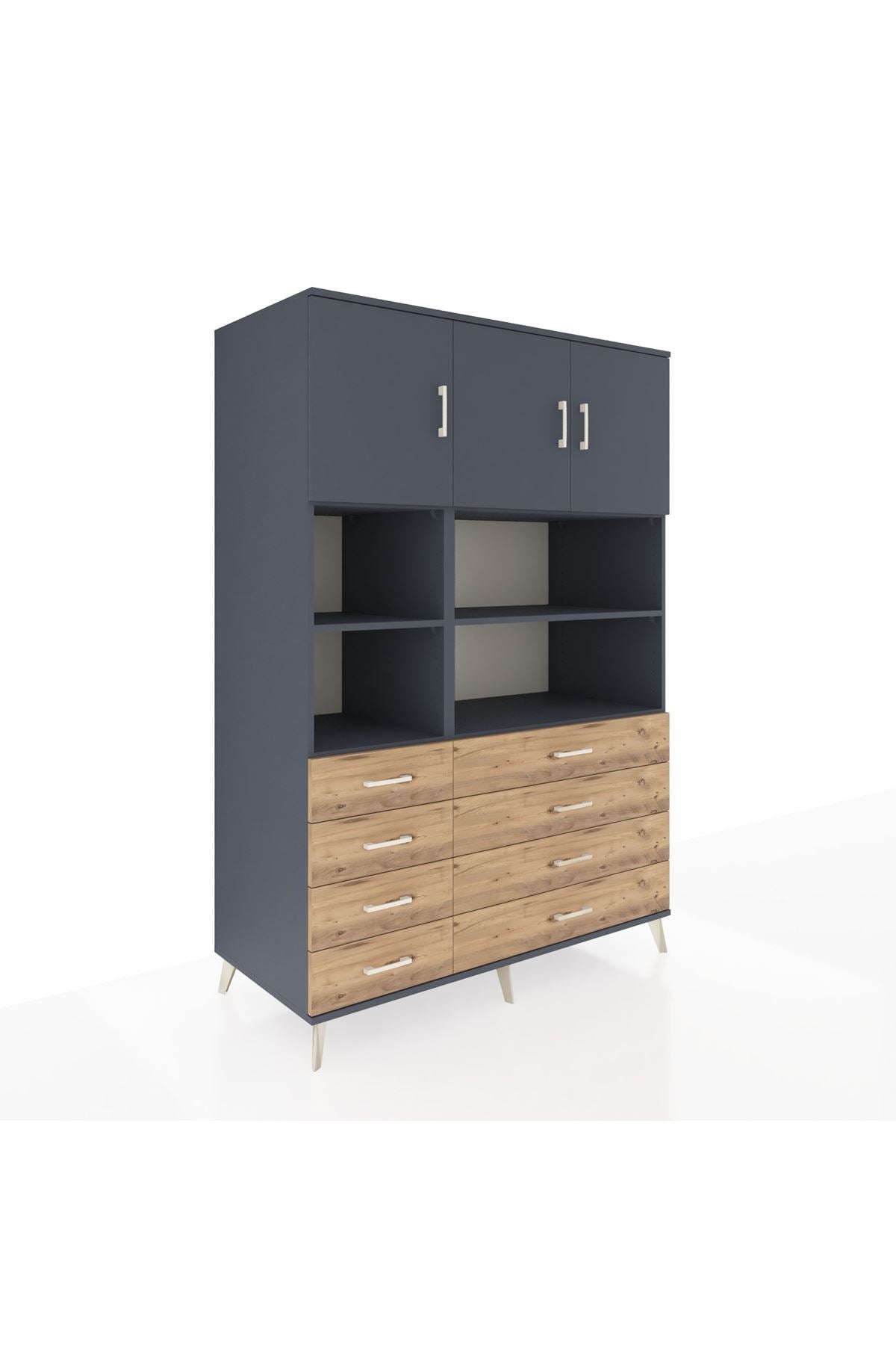 Kronos Dolap 8 Raflı 8 Çekmeceli 3 Kapaklı 132x59x195 Antrasit-Antrasit/Çam