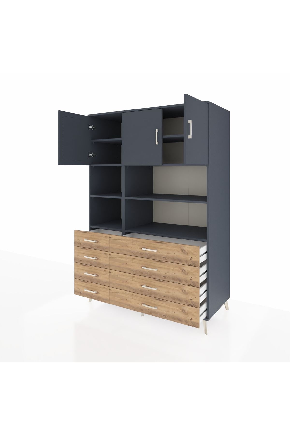 Kronos Dolap 8 Raflı 8 Çekmeceli 3 Kapaklı 132x59x195 Antrasit-Antrasit/Çam