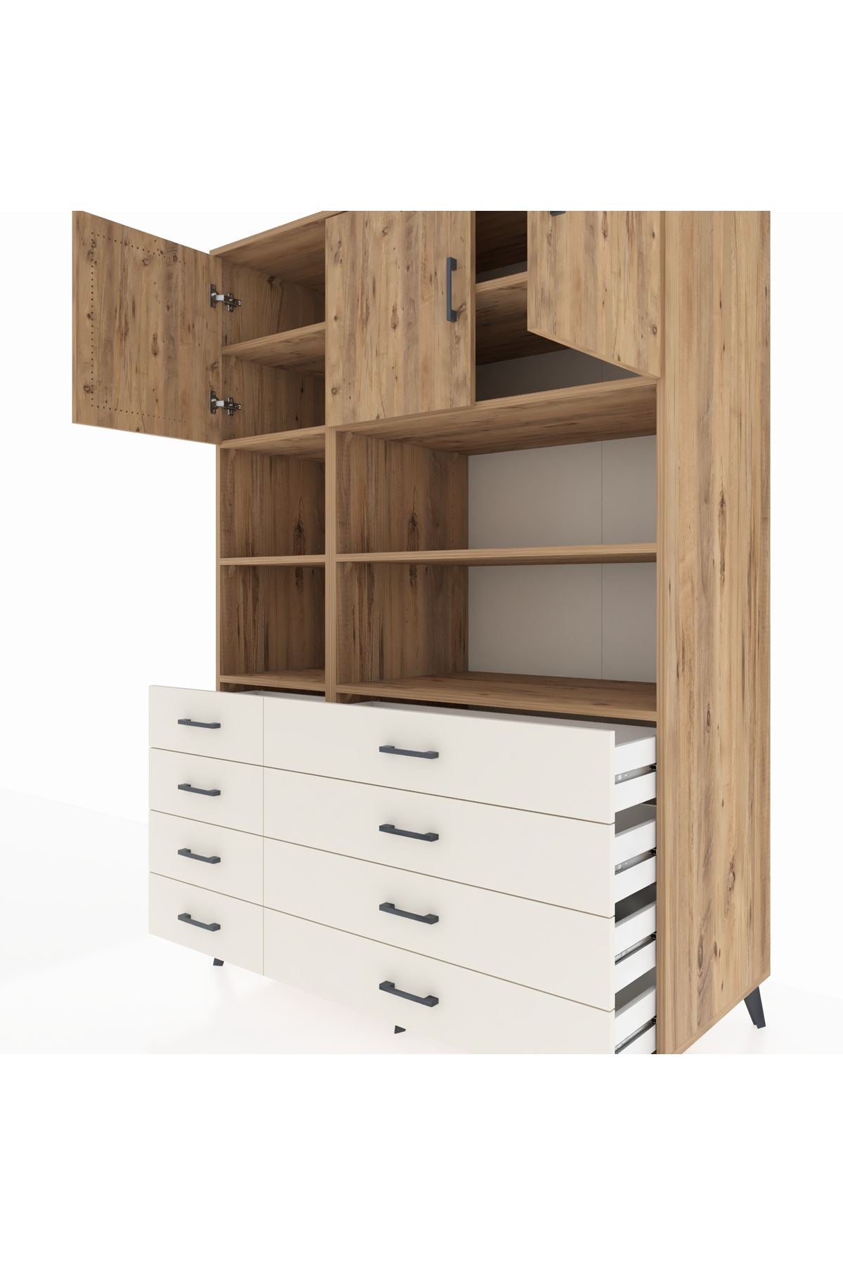 Kronos Dolap 8 Raflı 8 Çekmeceli 3 Kapaklı 132x59x195 Çam-Çam/Aytaşı