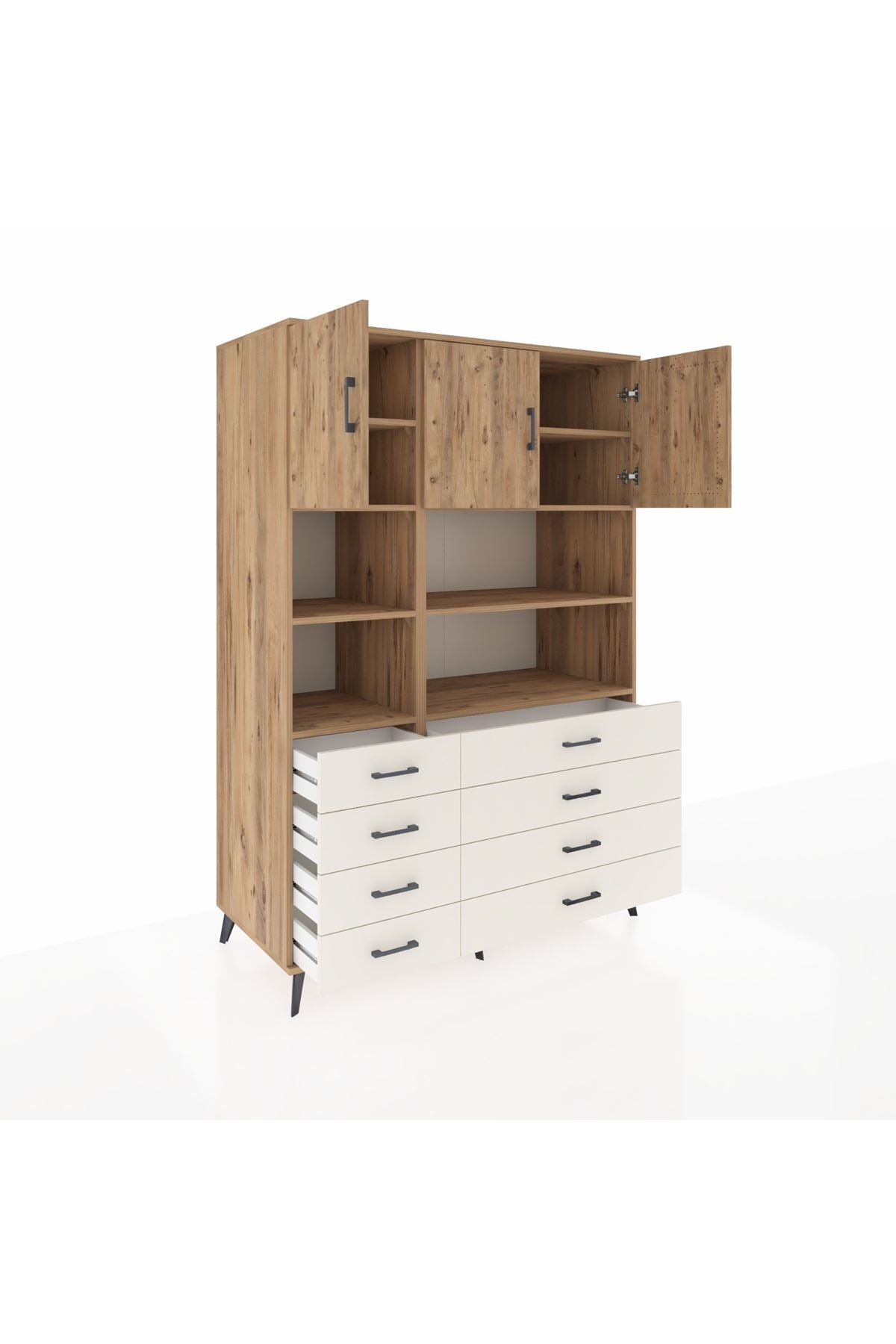 Kronos Dolap 8 Raflı 8 Çekmeceli 3 Kapaklı 132x59x195 Çam-Çam/Aytaşı