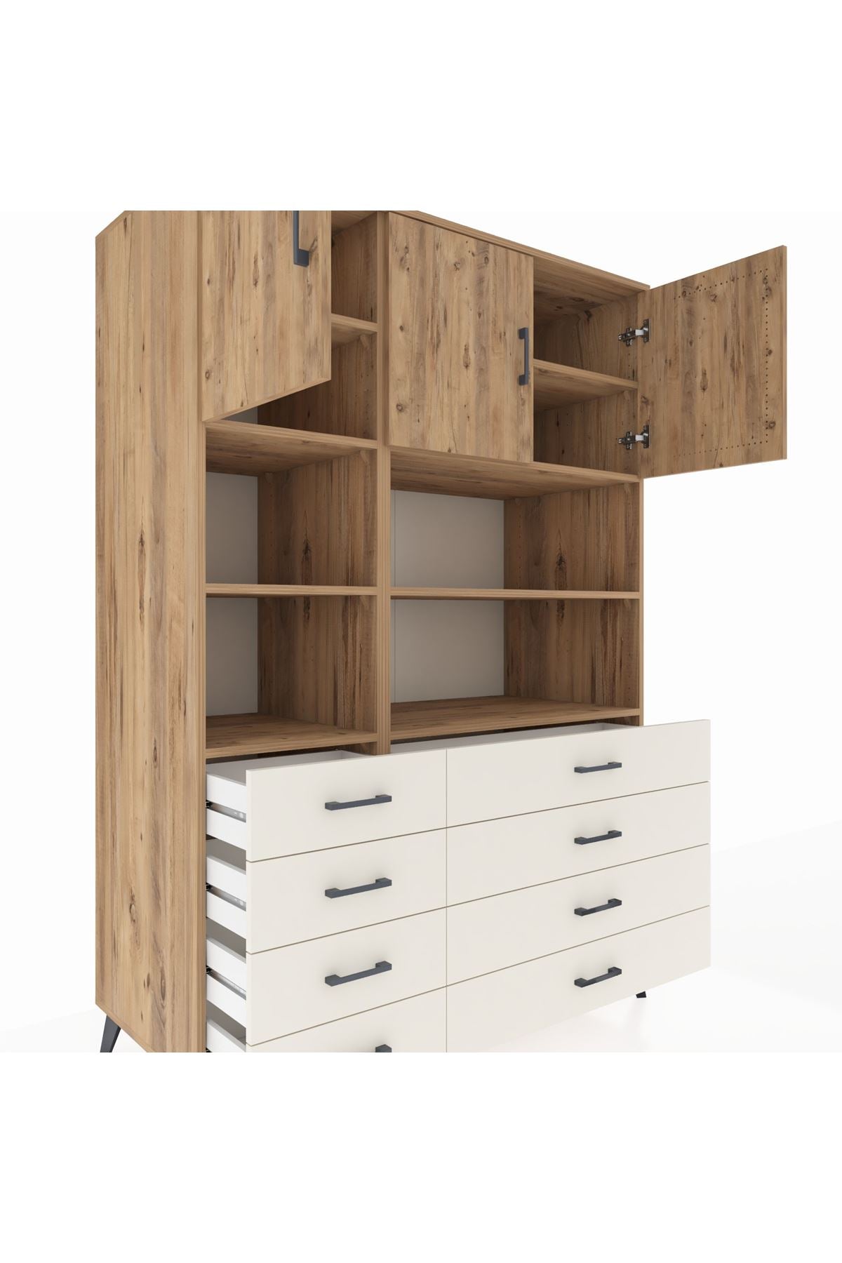 Kronos Dolap 8 Raflı 8 Çekmeceli 3 Kapaklı 132x59x195 Çam-Çam/Aytaşı