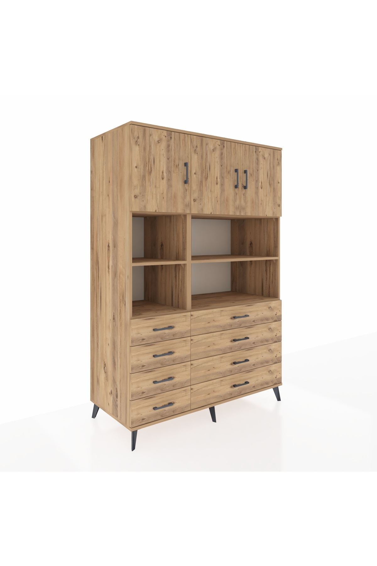 Kronos Dolap 8 Raflı 8 Çekmeceli 3 Kapaklı 132x59x195 Çam-Çam/Çam