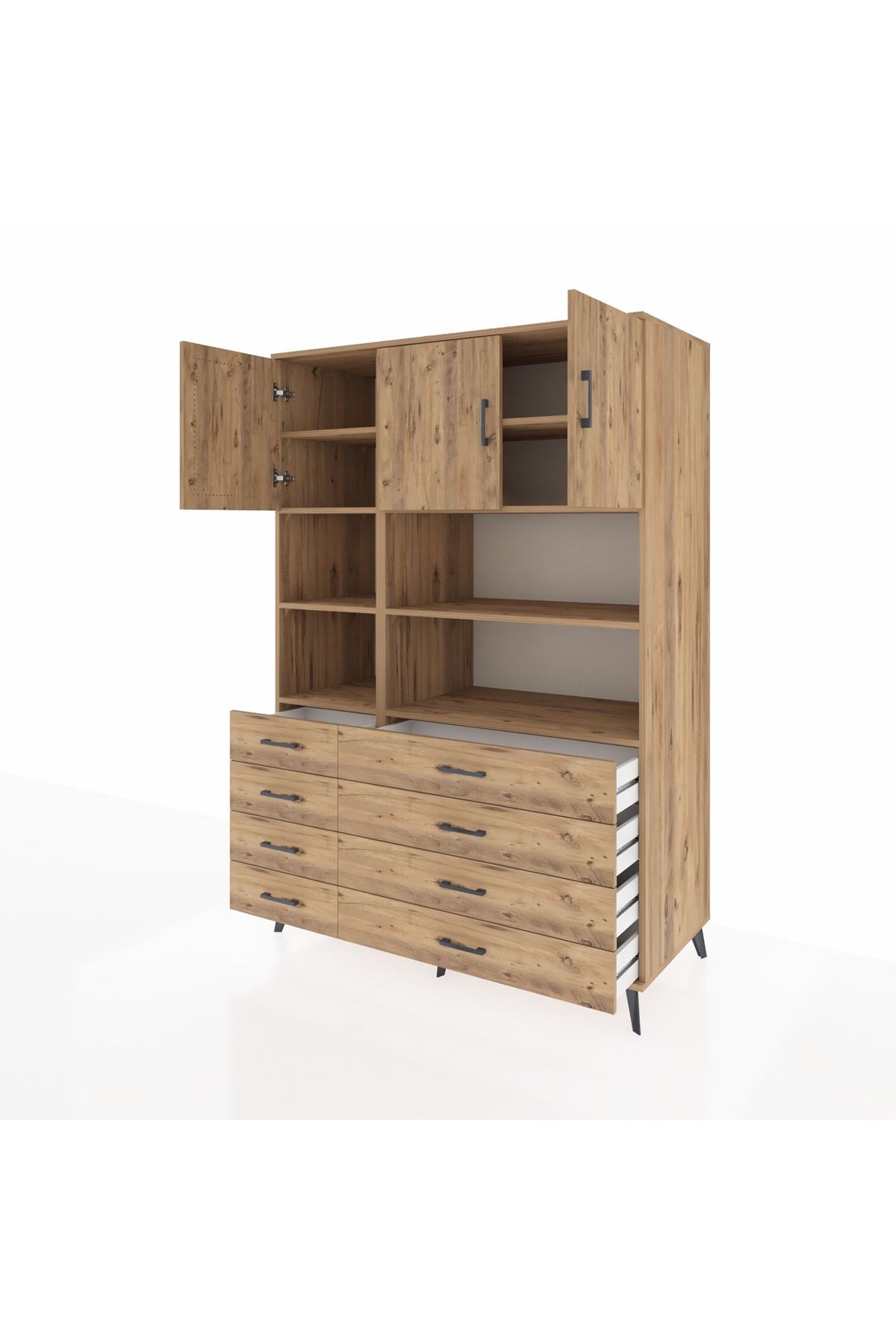 Kronos Dolap 8 Raflı 8 Çekmeceli 3 Kapaklı 132x59x195 Çam-Çam/Çam