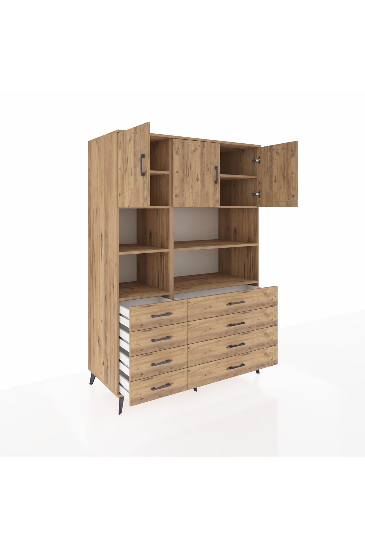 Kronos Dolap 8 Raflı 8 Çekmeceli 3 Kapaklı 132x59x195 Çam-Çam/Çam