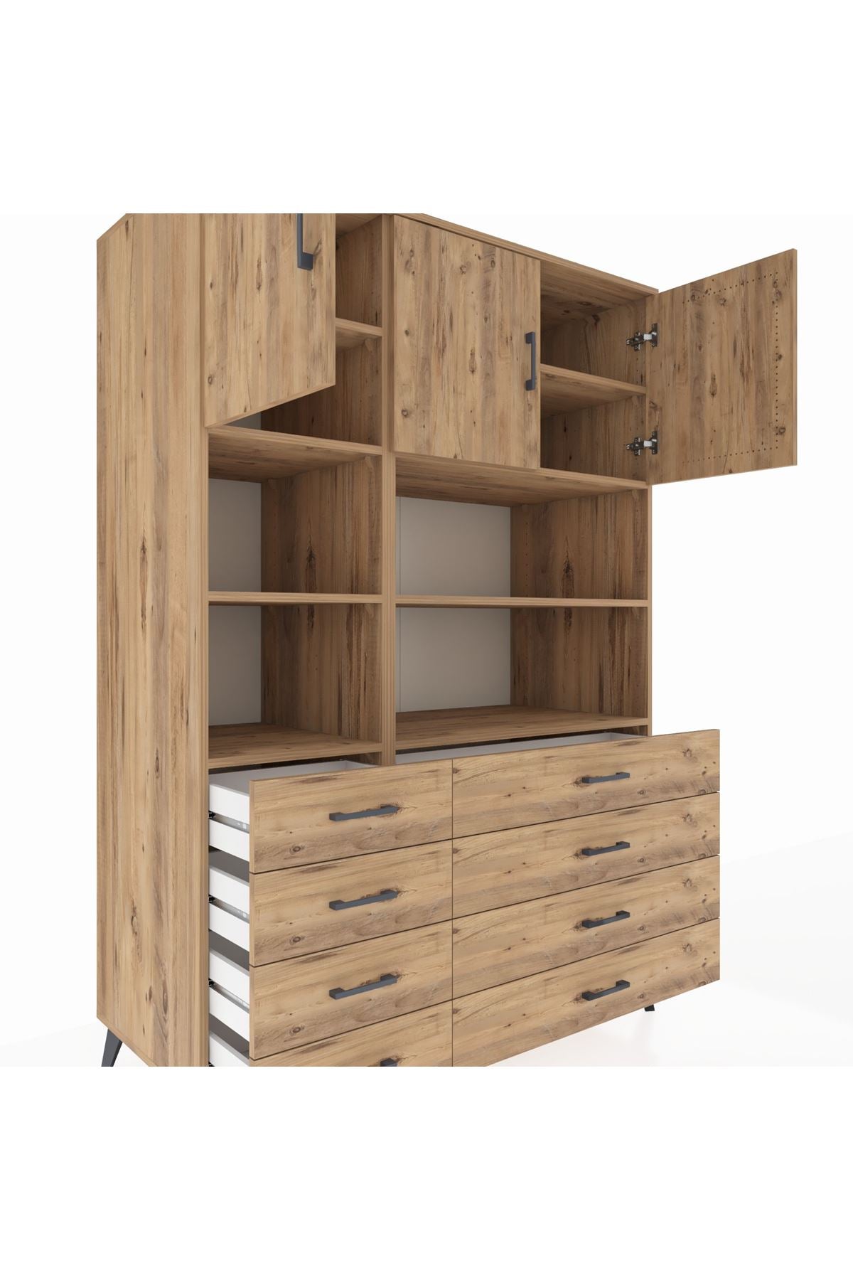 Kronos Dolap 8 Raflı 8 Çekmeceli 3 Kapaklı 132x59x195 Çam-Çam/Çam