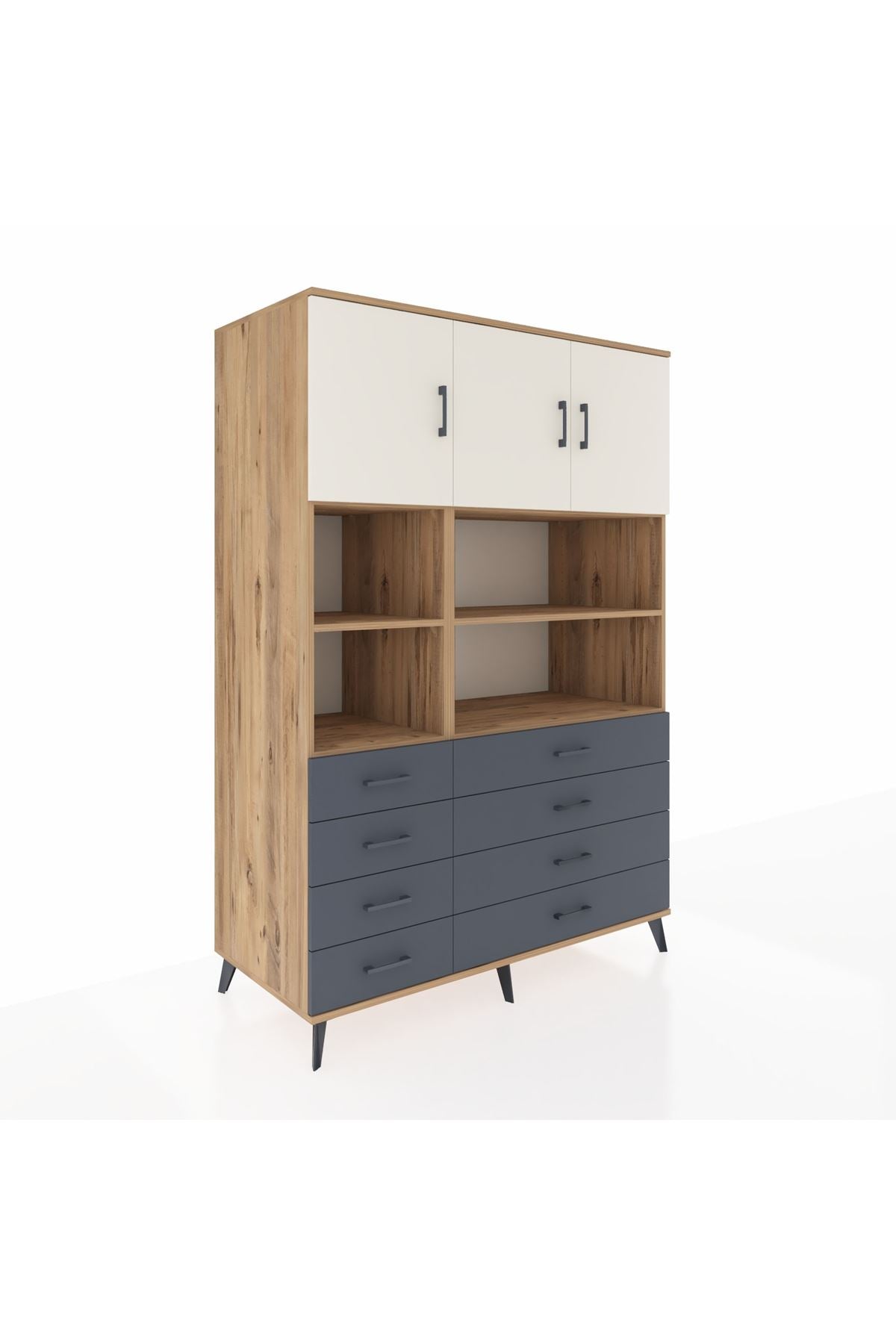 Kronos Dolap 8 Raflı 8 Çekmeceli 3 Kapaklı 132x59x195 Çam-Aytaşı/Antrasit