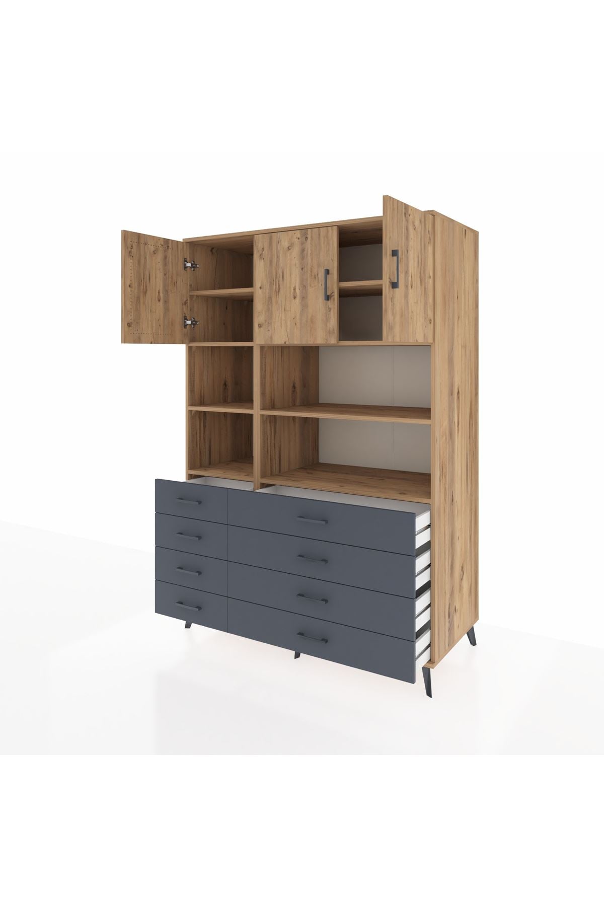 Kronos Dolap 8 Raflı 8 Çekmeceli 3 Kapaklı 132x59x195 Çam-Çam/Antrasit