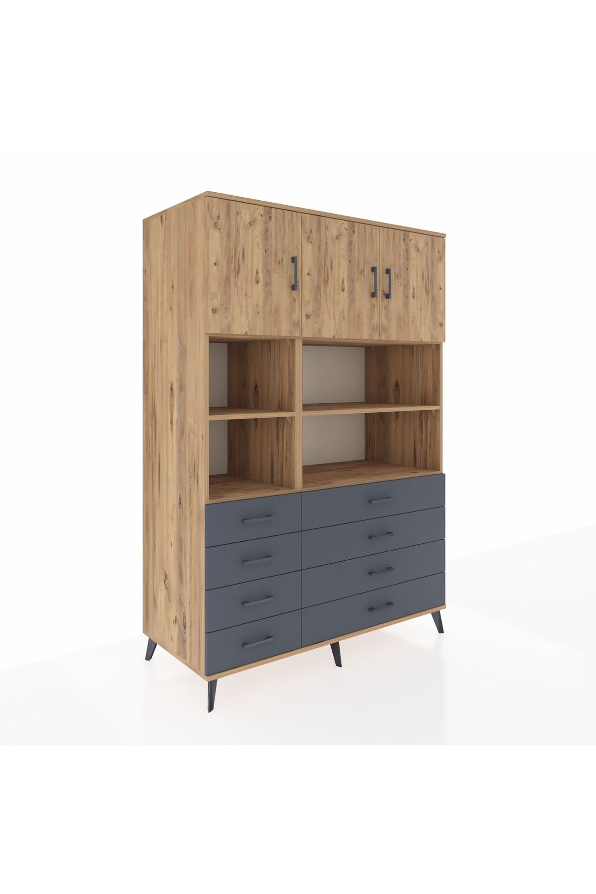 Kronos Dolap 8 Raflı 8 Çekmeceli 3 Kapaklı 132x59x195 Çam-Çam/Antrasit