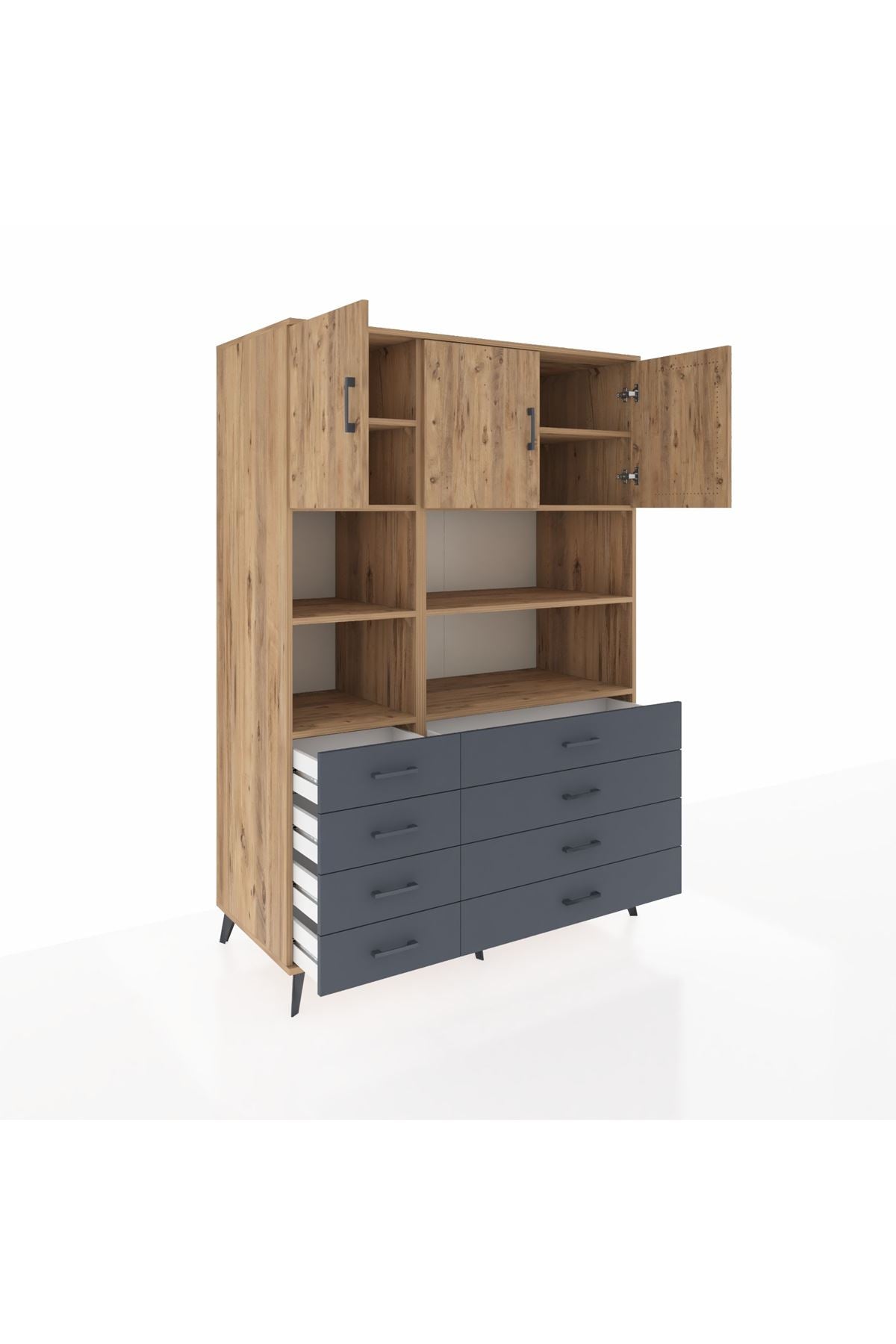 Kronos Dolap 8 Raflı 8 Çekmeceli 3 Kapaklı 132x59x195 Çam-Çam/Antrasit