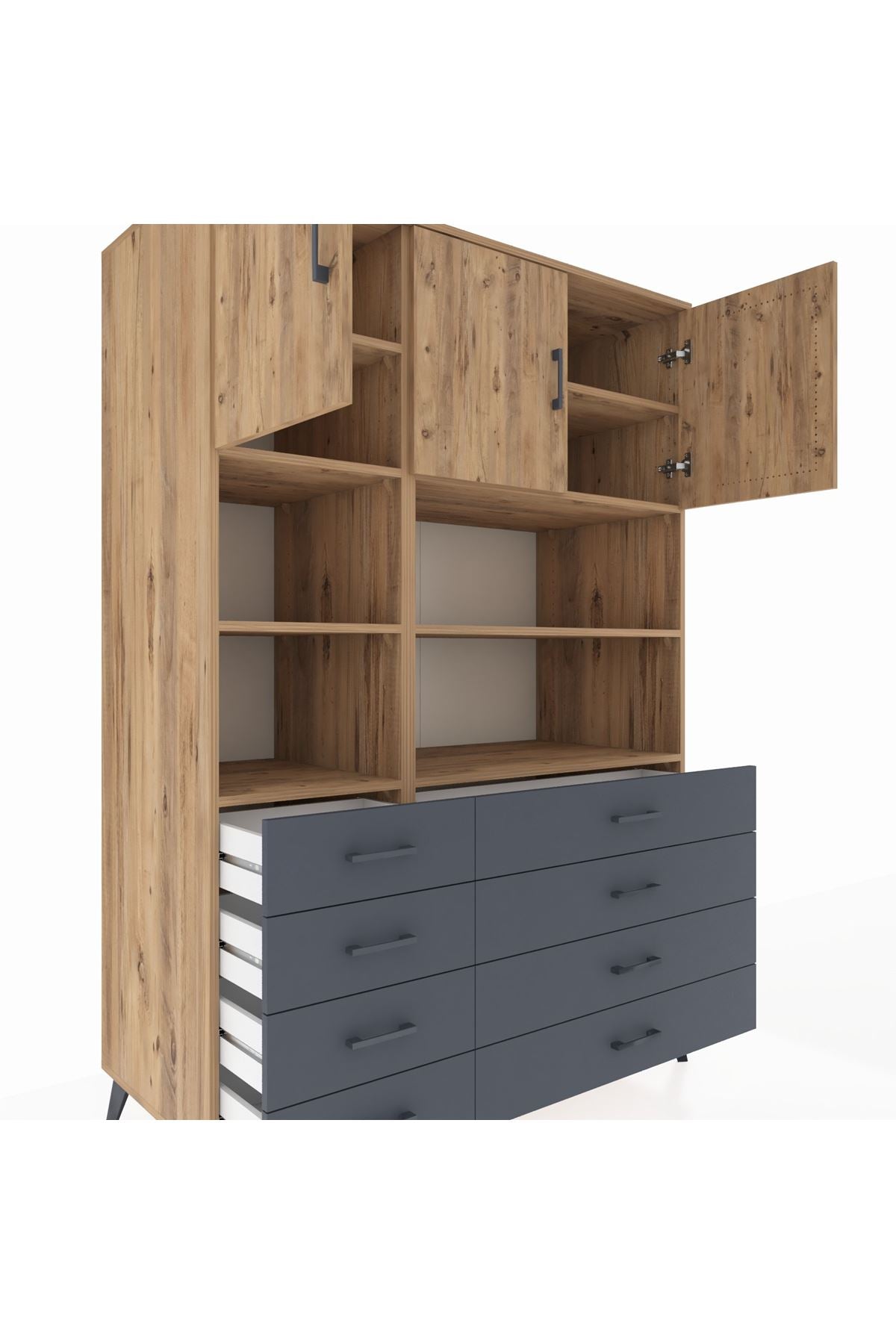 Kronos Dolap 8 Raflı 8 Çekmeceli 3 Kapaklı 132x59x195 Çam-Çam/Antrasit