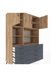 Kronos Dolap 8 Raflı 8 Çekmeceli 3 Kapaklı 132x59x195 Çam-Çam/Antrasit