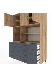 Kronos Dolap 8 Raflı 8 Çekmeceli 3 Kapaklı 132x59x195 Çam-Çam/Antrasit