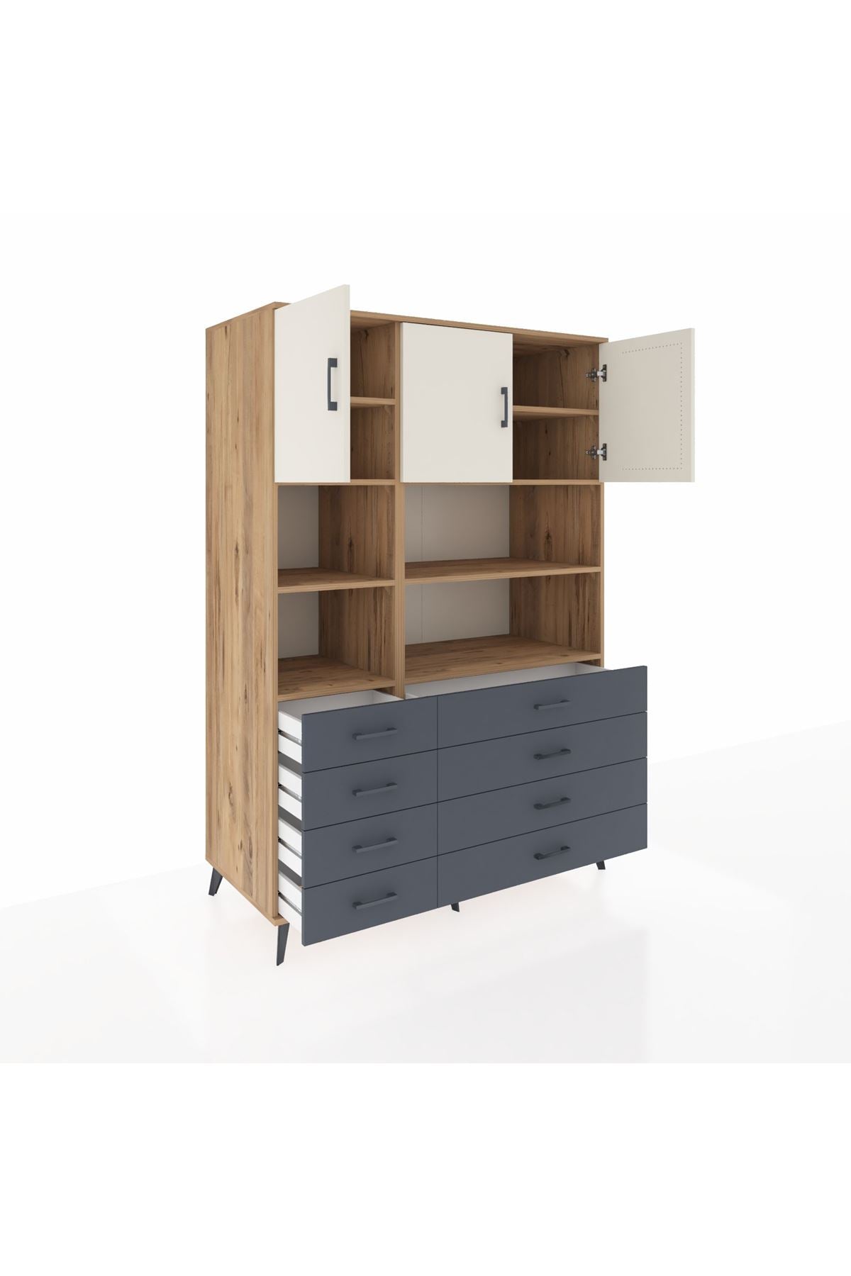 Kronos Dolap 8 Raflı 8 Çekmeceli 3 Kapaklı 132x59x195 Çam-Aytaşı/Antrasit