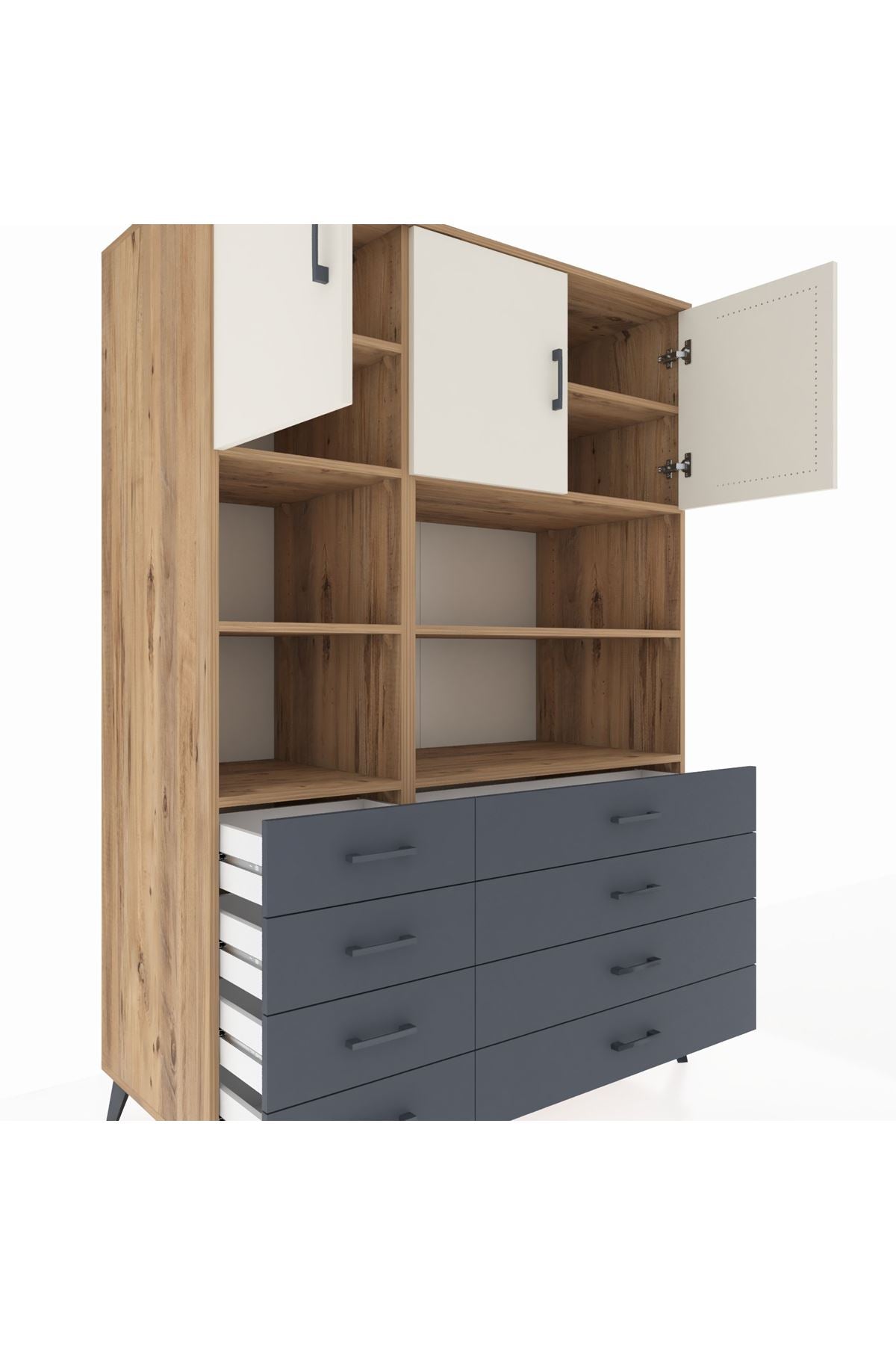 Kronos Dolap 8 Raflı 8 Çekmeceli 3 Kapaklı 132x59x195 Çam-Aytaşı/Antrasit