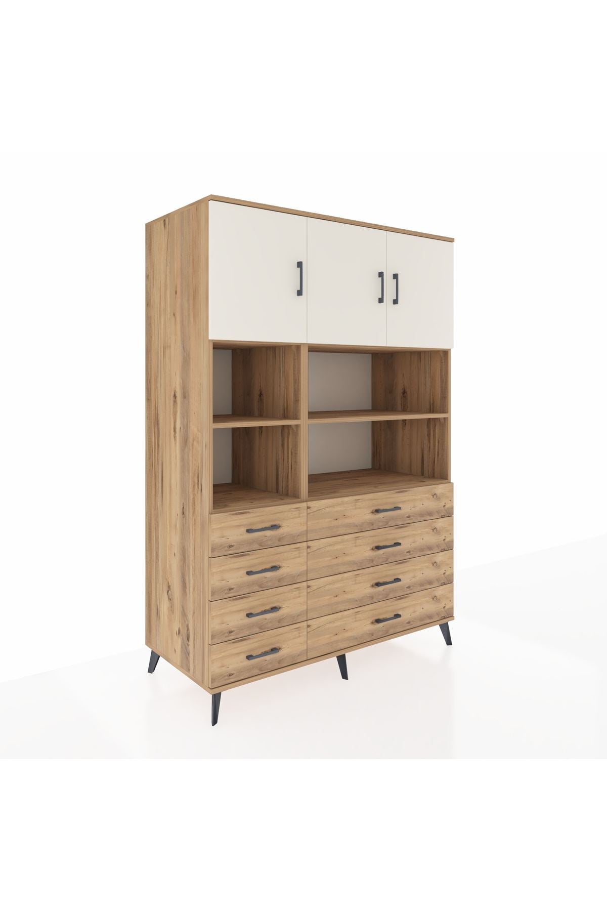 Kronos Dolap 8 Raflı 8 Çekmeceli 3 Kapaklı 132x59x195 Çam-Aytaşı/Çam