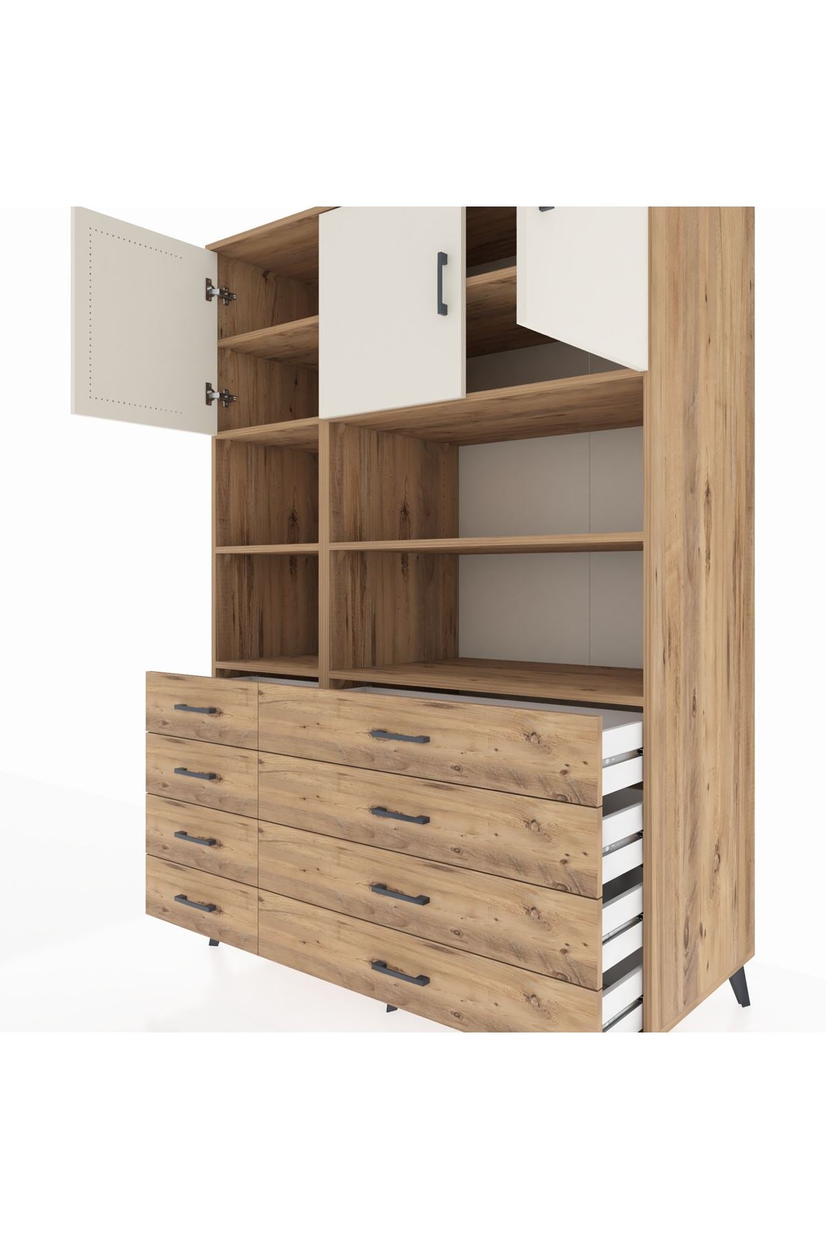 Kronos Dolap 8 Raflı 8 Çekmeceli 3 Kapaklı 132x59x195 Çam-Aytaşı/Çam