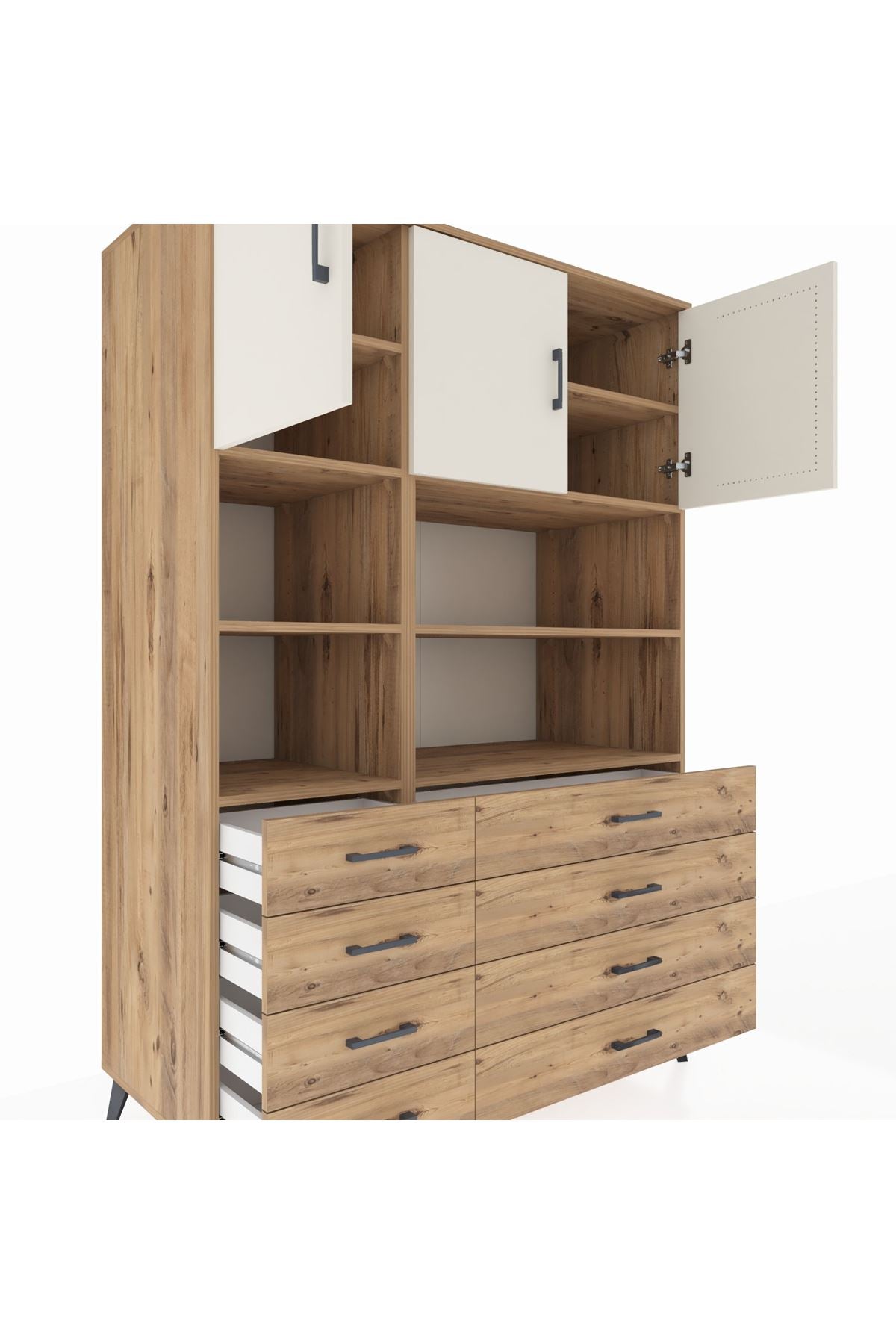 Kronos Dolap 8 Raflı 8 Çekmeceli 3 Kapaklı 132x59x195 Çam-Aytaşı/Çam