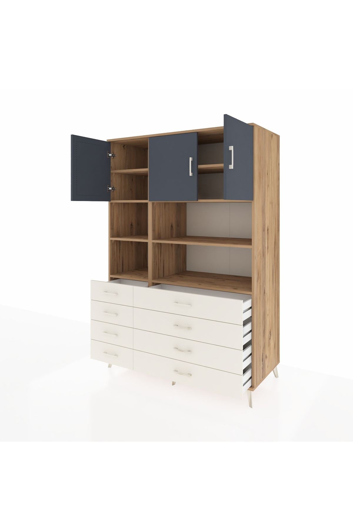 Kronos Dolap 8 Raflı 8 Çekmeceli 3 Kapaklı 132x59x195 Çam-Antrasit/Aytaşı