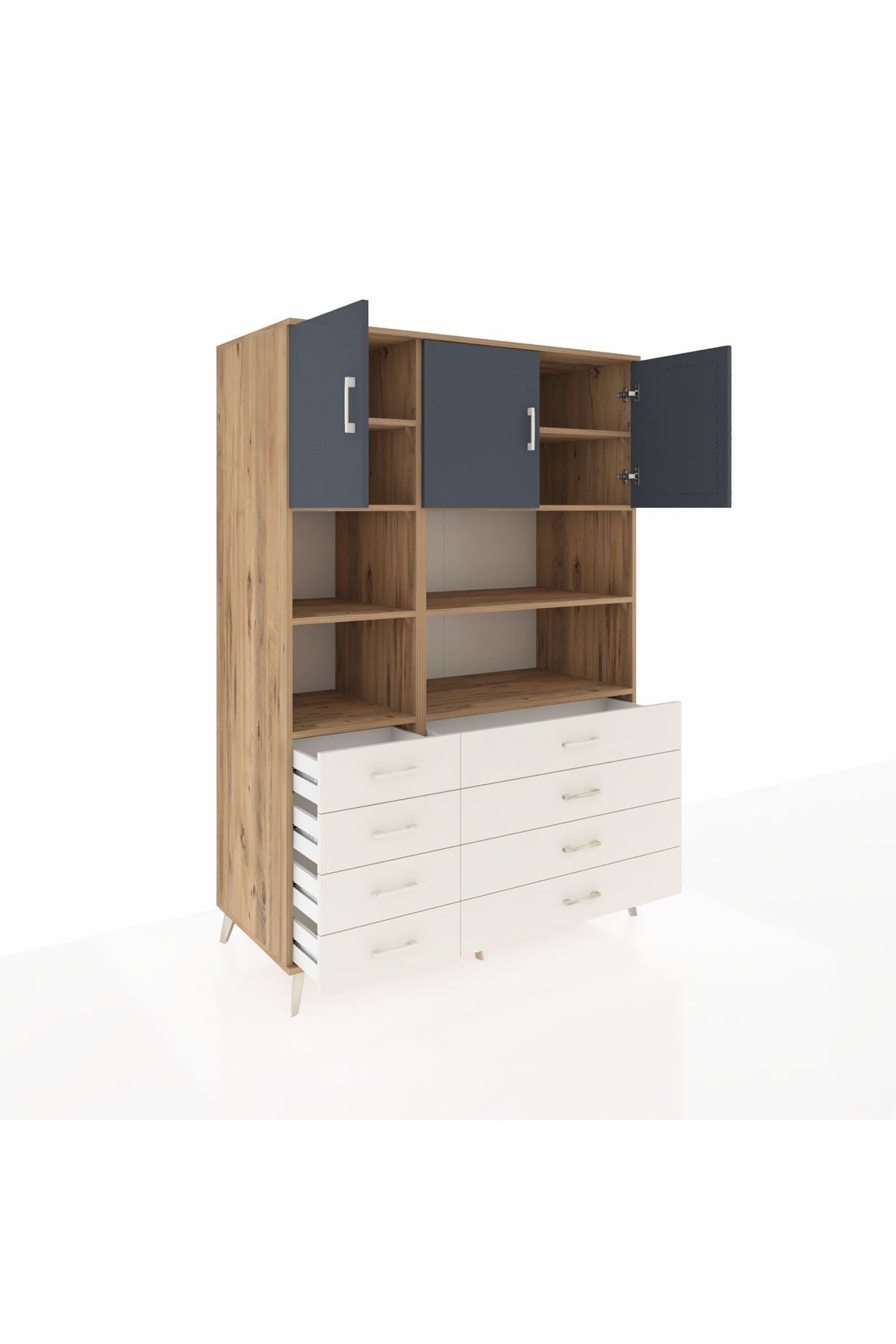 Kronos Dolap 8 Raflı 8 Çekmeceli 3 Kapaklı 132x59x195 Çam-Antrasit/Aytaşı