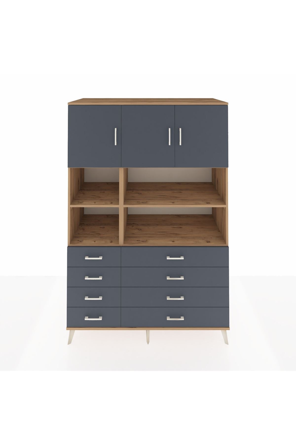 Kronos Dolap 8 Raflı 8 Çekmeceli 3 Kapaklı 132x59x195 Çam-Antrasit/Antrasit