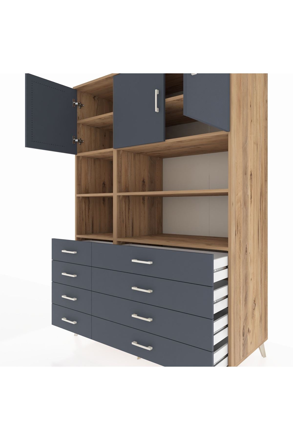 Kronos Dolap 8 Raflı 8 Çekmeceli 3 Kapaklı 132x59x195 Çam-Antrasit/Antrasit