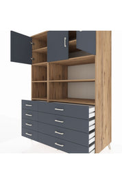 Kronos Dolap 8 Raflı 8 Çekmeceli 3 Kapaklı 132x59x195 Çam-Antrasit/Antrasit