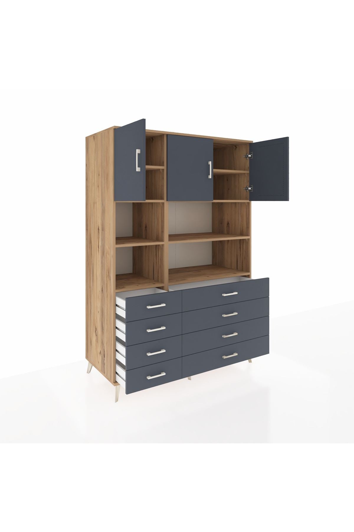 Kronos Dolap 8 Raflı 8 Çekmeceli 3 Kapaklı 132x59x195 Çam-Antrasit/Antrasit