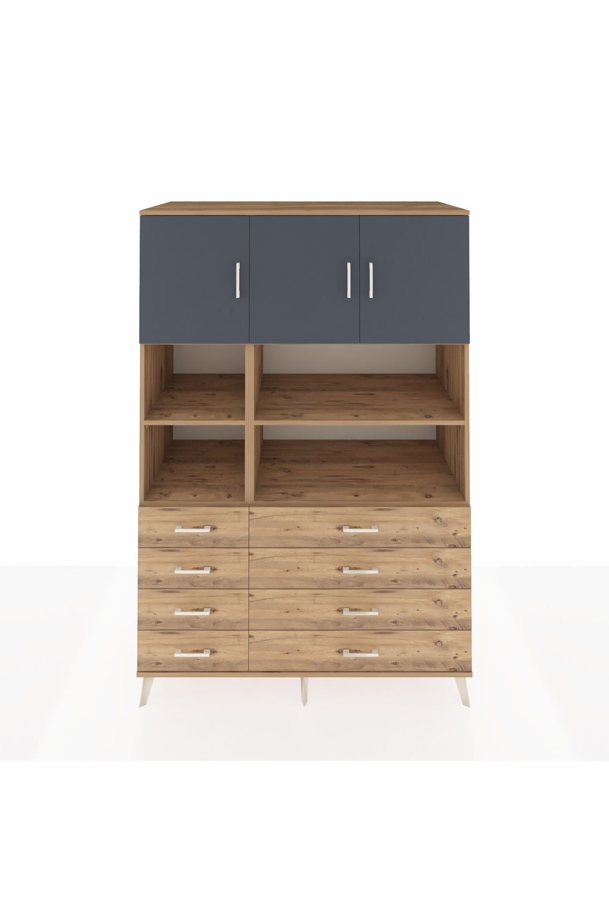 Kronos Dolap 8 Raflı 8 Çekmeceli 3 Kapaklı 132x59x195 Çam-Antrasit/Çam