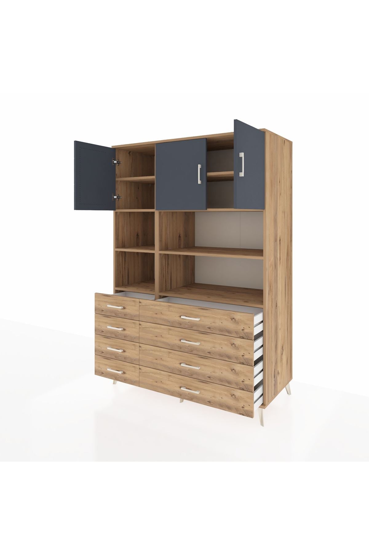 Kronos Dolap 8 Raflı 8 Çekmeceli 3 Kapaklı 132x59x195 Çam-Antrasit/Çam