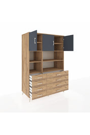 Kronos Dolap 8 Raflı 8 Çekmeceli 3 Kapaklı 132x59x195 Çam-Antrasit/Çam