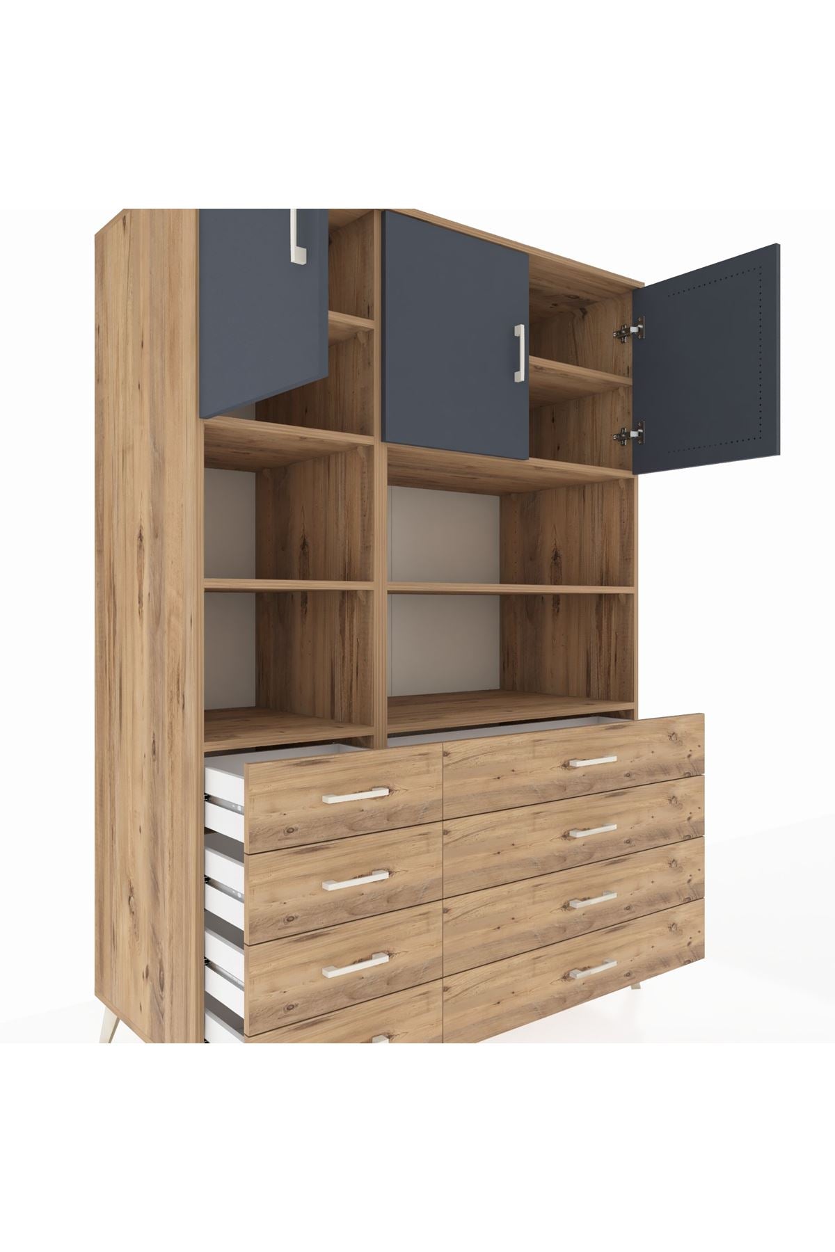 Kronos Dolap 8 Raflı 8 Çekmeceli 3 Kapaklı 132x59x195 Çam-Antrasit/Çam