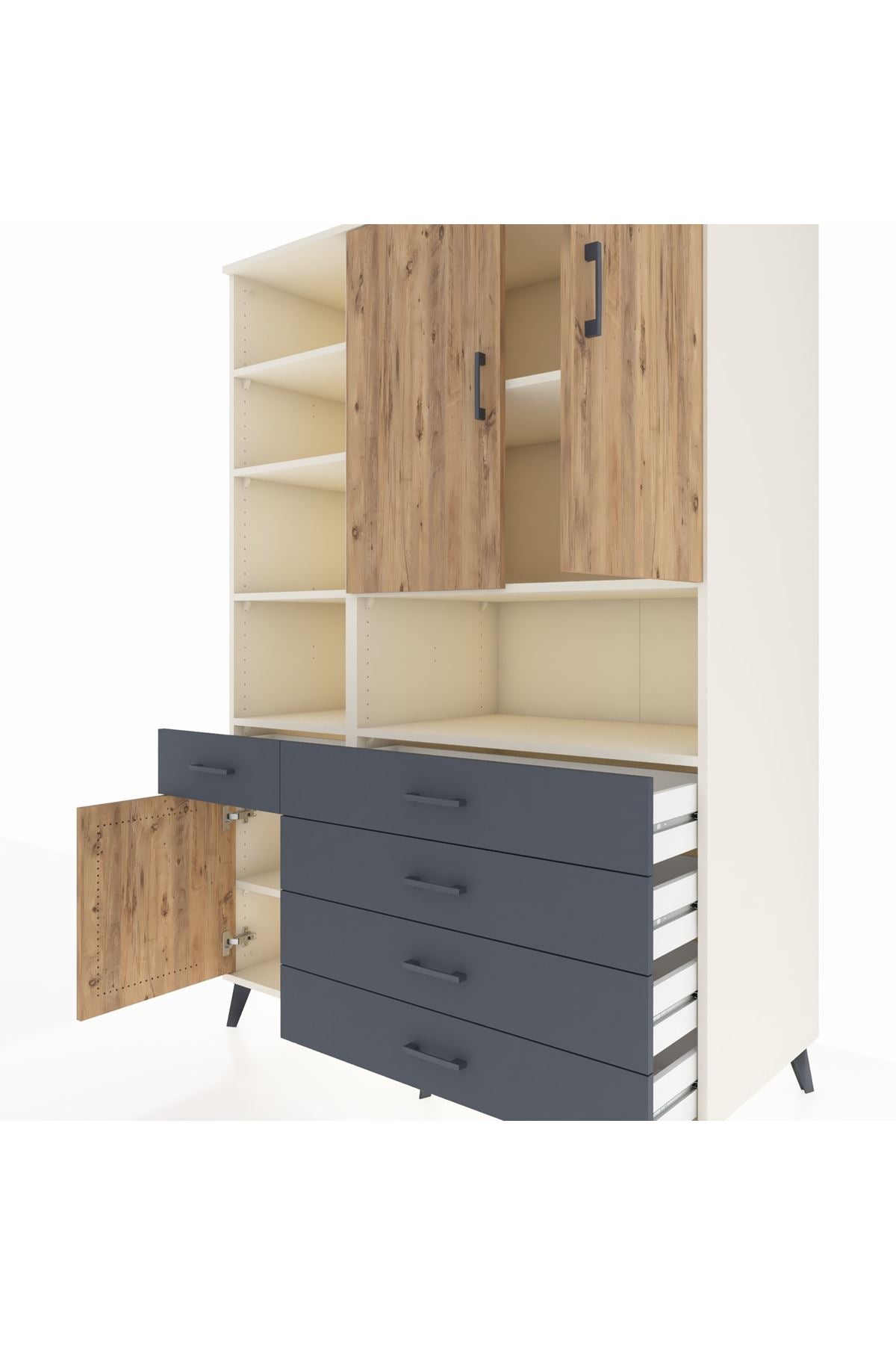 Kronos Dolap 8 Raflı 5 Çekmeceli 3 Kapaklı 132x59x195 Aytaşı-Çam/Antrasit