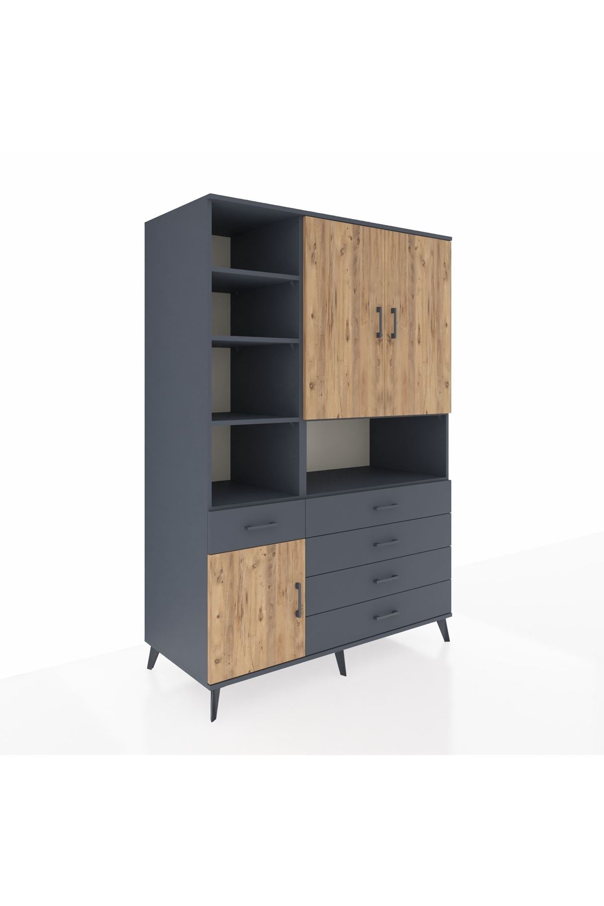 Kronos Dolap 8 Raflı 5 Çekmeceli 3 Kapaklı 132x59x195 Antrasit-Çam/Antrasit
