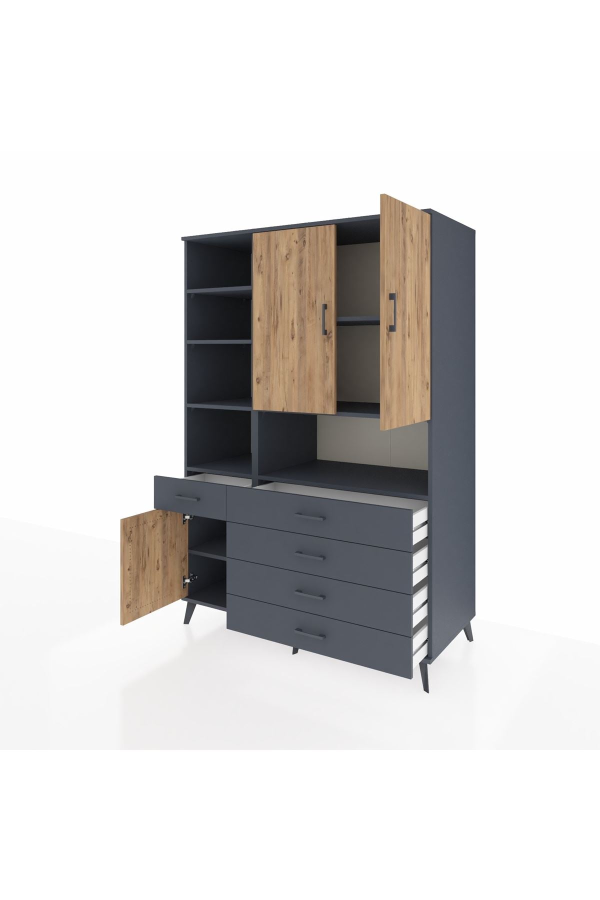 Kronos Dolap 8 Raflı 5 Çekmeceli 3 Kapaklı 132x59x195 Antrasit-Çam/Antrasit