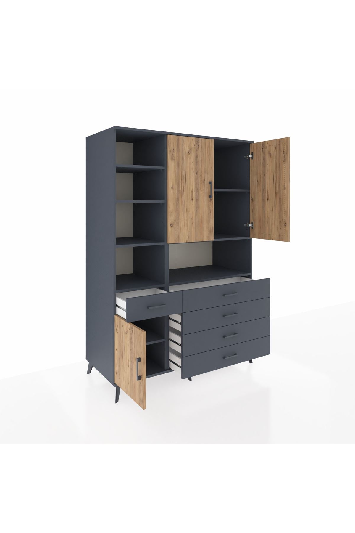 Kronos Dolap 8 Raflı 5 Çekmeceli 3 Kapaklı 132x59x195 Antrasit-Çam/Antrasit