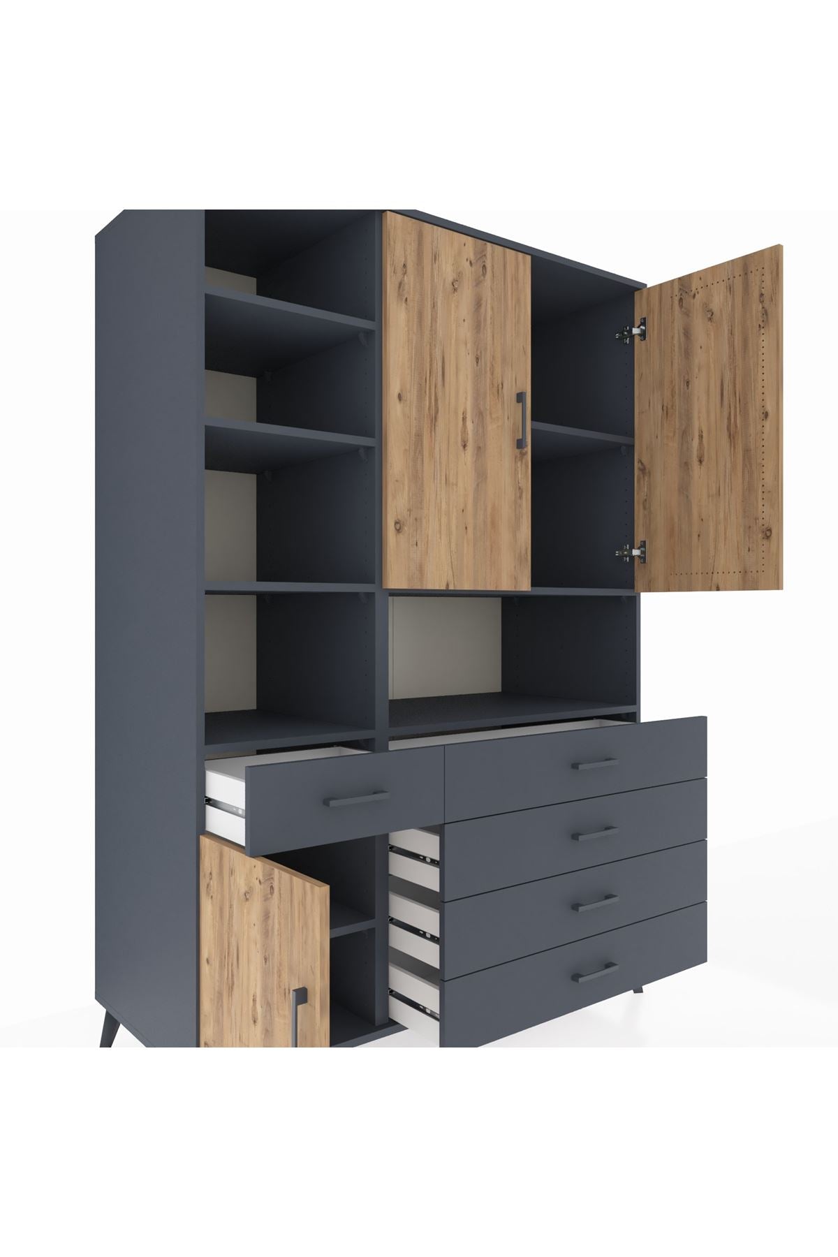 Kronos Dolap 8 Raflı 5 Çekmeceli 3 Kapaklı 132x59x195 Antrasit-Çam/Antrasit