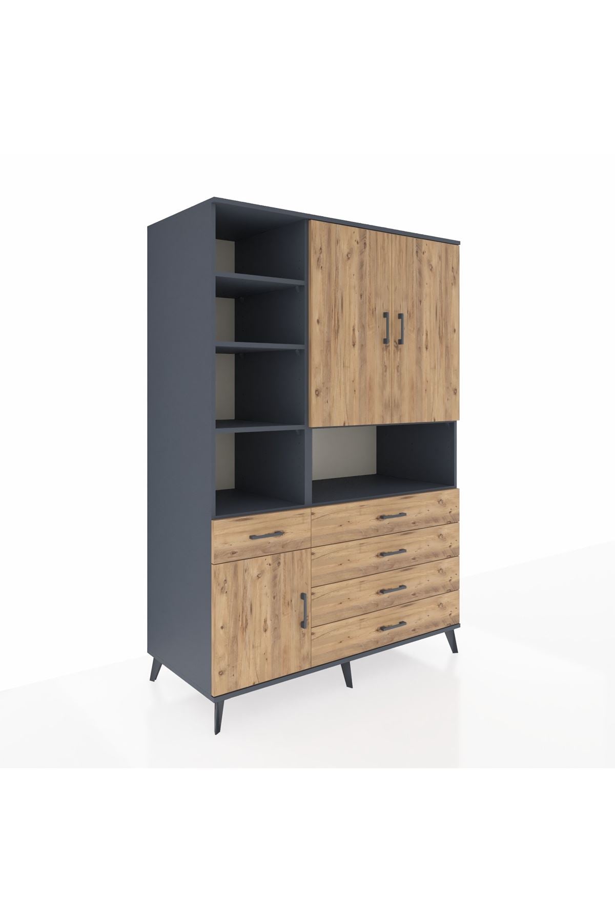 Kronos Dolap 8 Raflı 5 Çekmeceli 3 Kapaklı 132x59x195 Antrasit-Çam/Çam