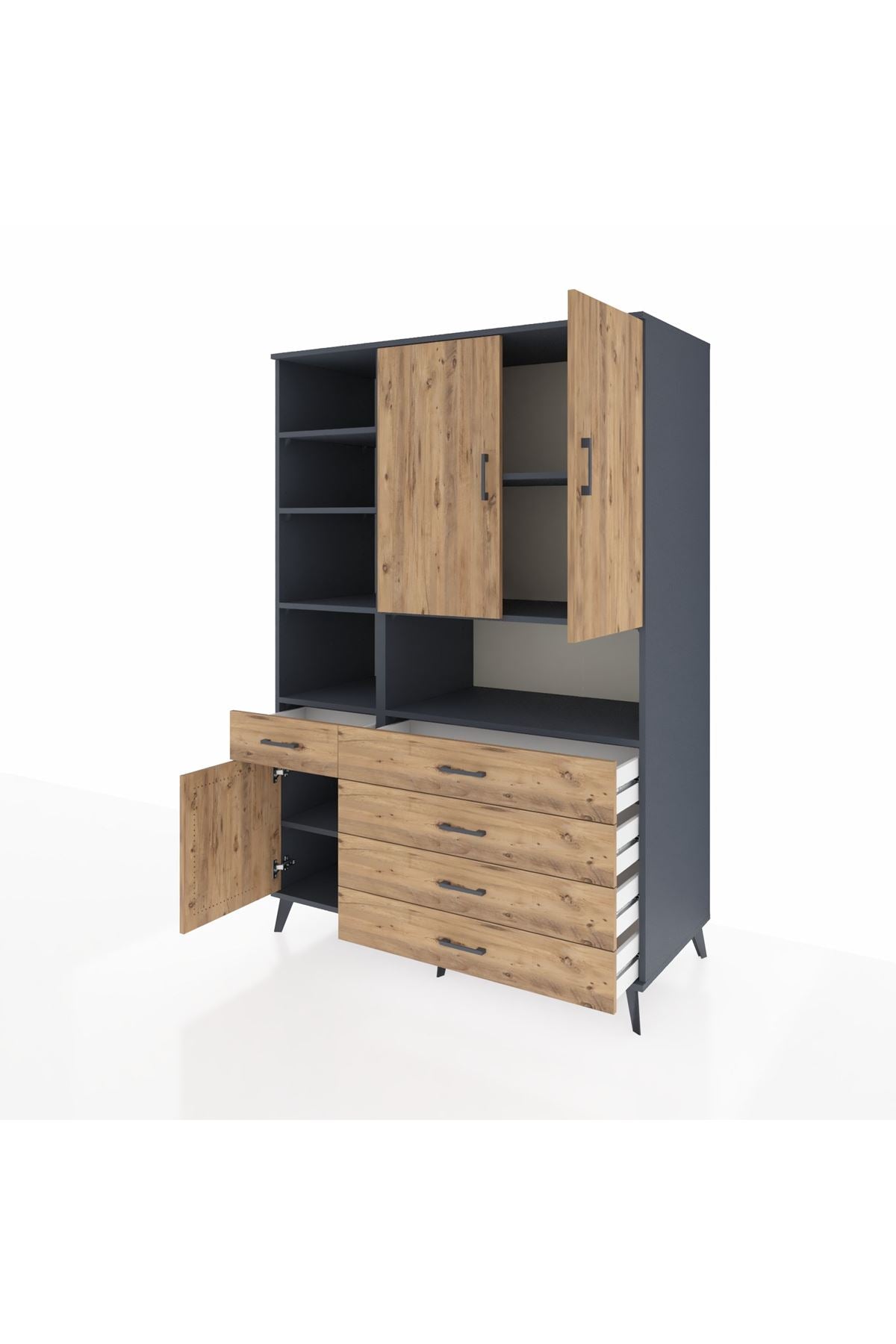 Kronos Dolap 8 Raflı 5 Çekmeceli 3 Kapaklı 132x59x195 Antrasit-Çam/Çam