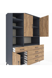 Kronos Dolap 8 Raflı 5 Çekmeceli 3 Kapaklı 132x59x195 Antrasit-Çam/Çam
