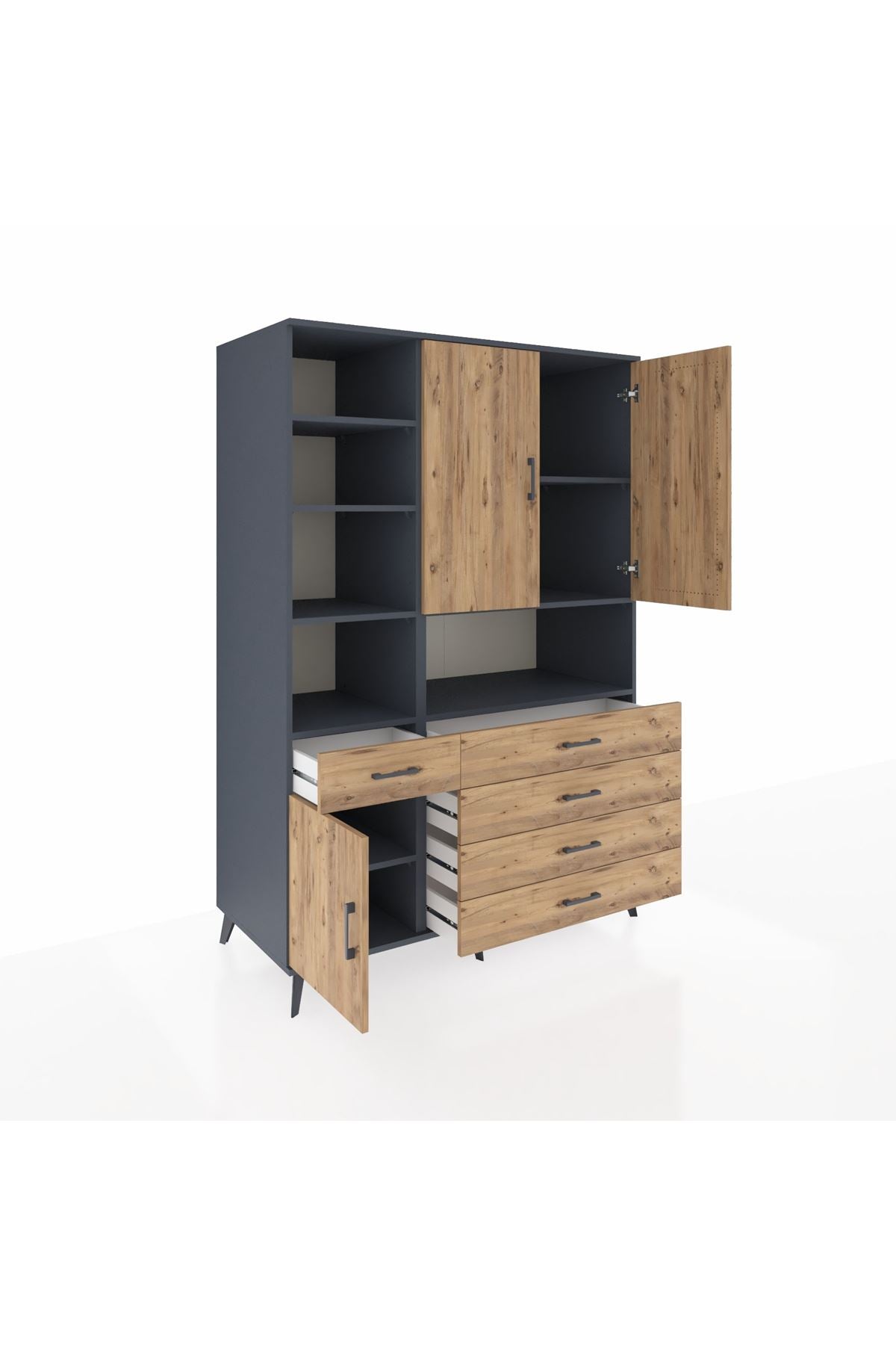 Kronos Dolap 8 Raflı 5 Çekmeceli 3 Kapaklı 132x59x195 Antrasit-Çam/Çam