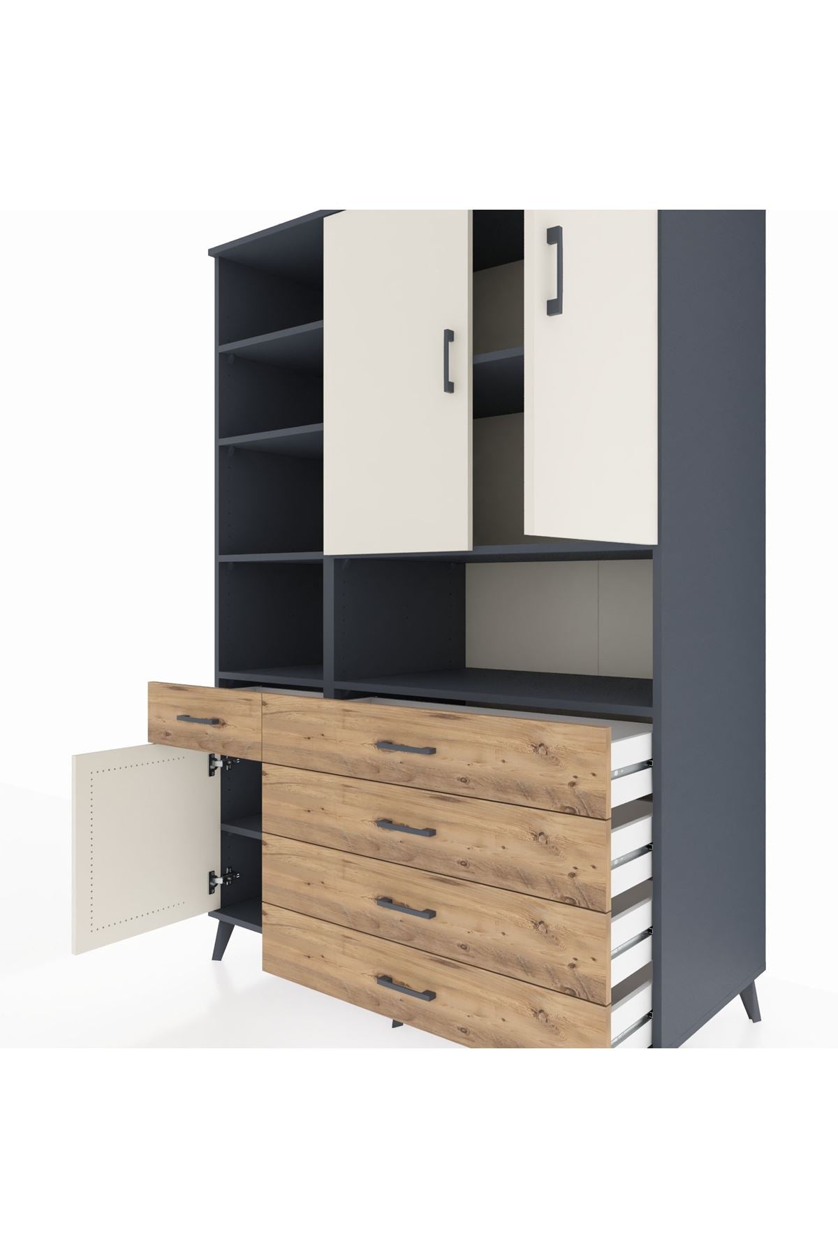 Kronos Dolap 8 Raflı 5 Çekmeceli 3 Kapaklı 132x59x195 Antrasit-Aytaşı/Çam