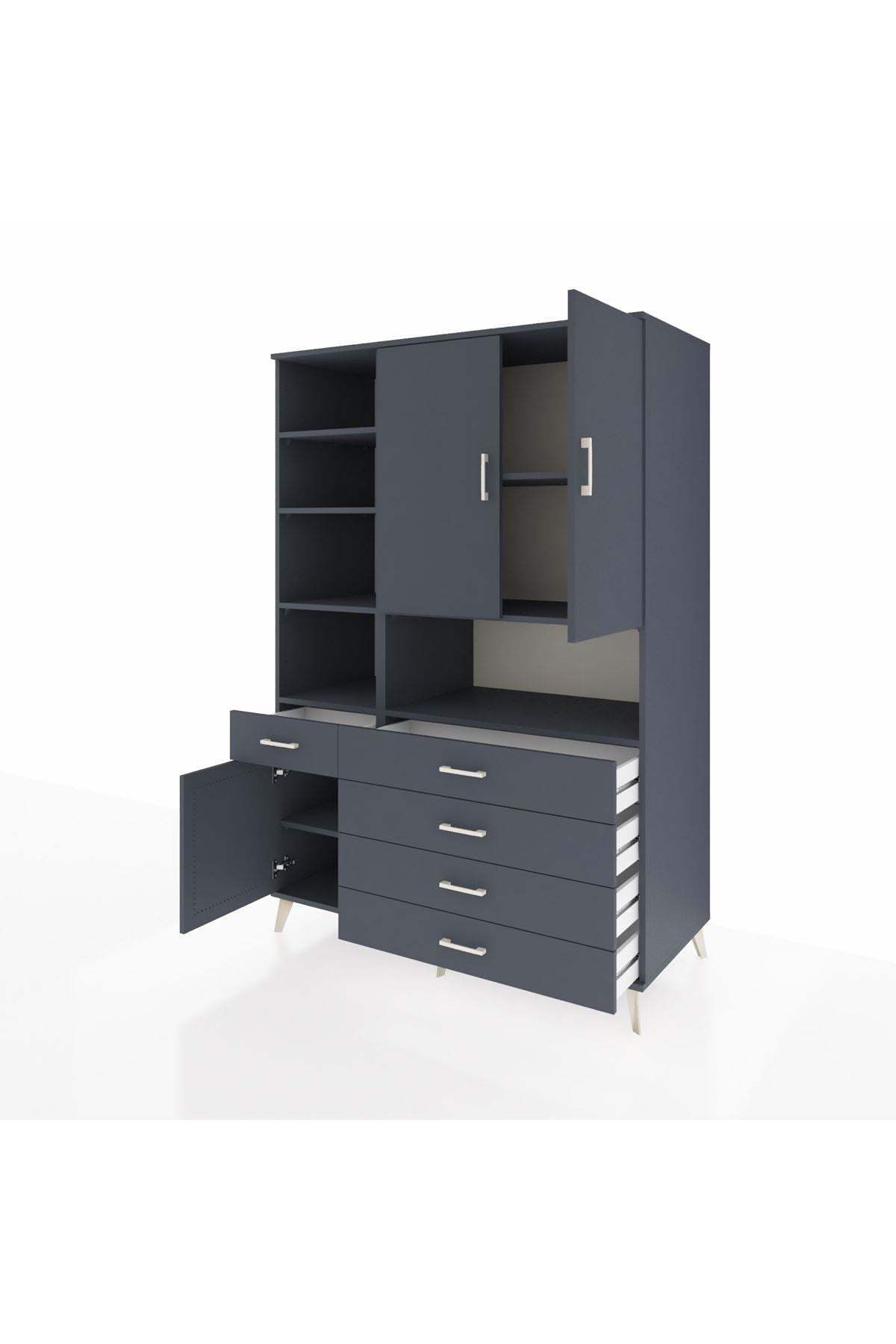 Kronos Dolap 8 Raflı 5 Çekmeceli 3 Kapaklı 132x59x195 Antrasit-Antrasit/Antrasit