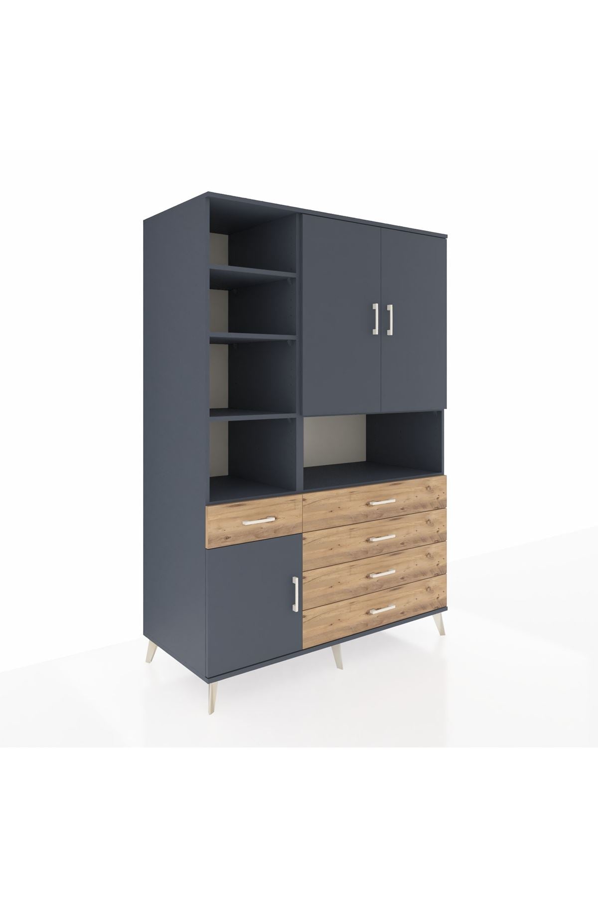 Kronos Dolap 8 Raflı 5 Çekmeceli 3 Kapaklı 132x59x195 Antrasit-Antrasit/Çam