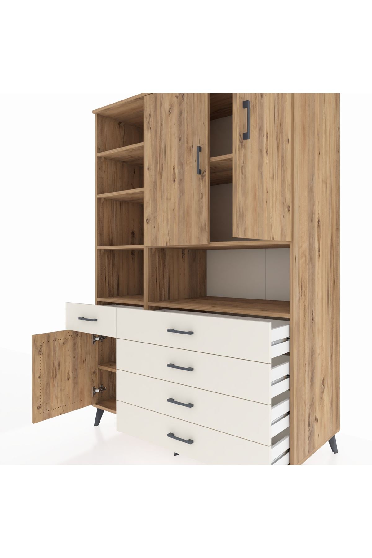 Kronos Dolap 8 Raflı 5 Çekmeceli 3 Kapaklı 132x59x195 Çam-Çam/Aytaşı