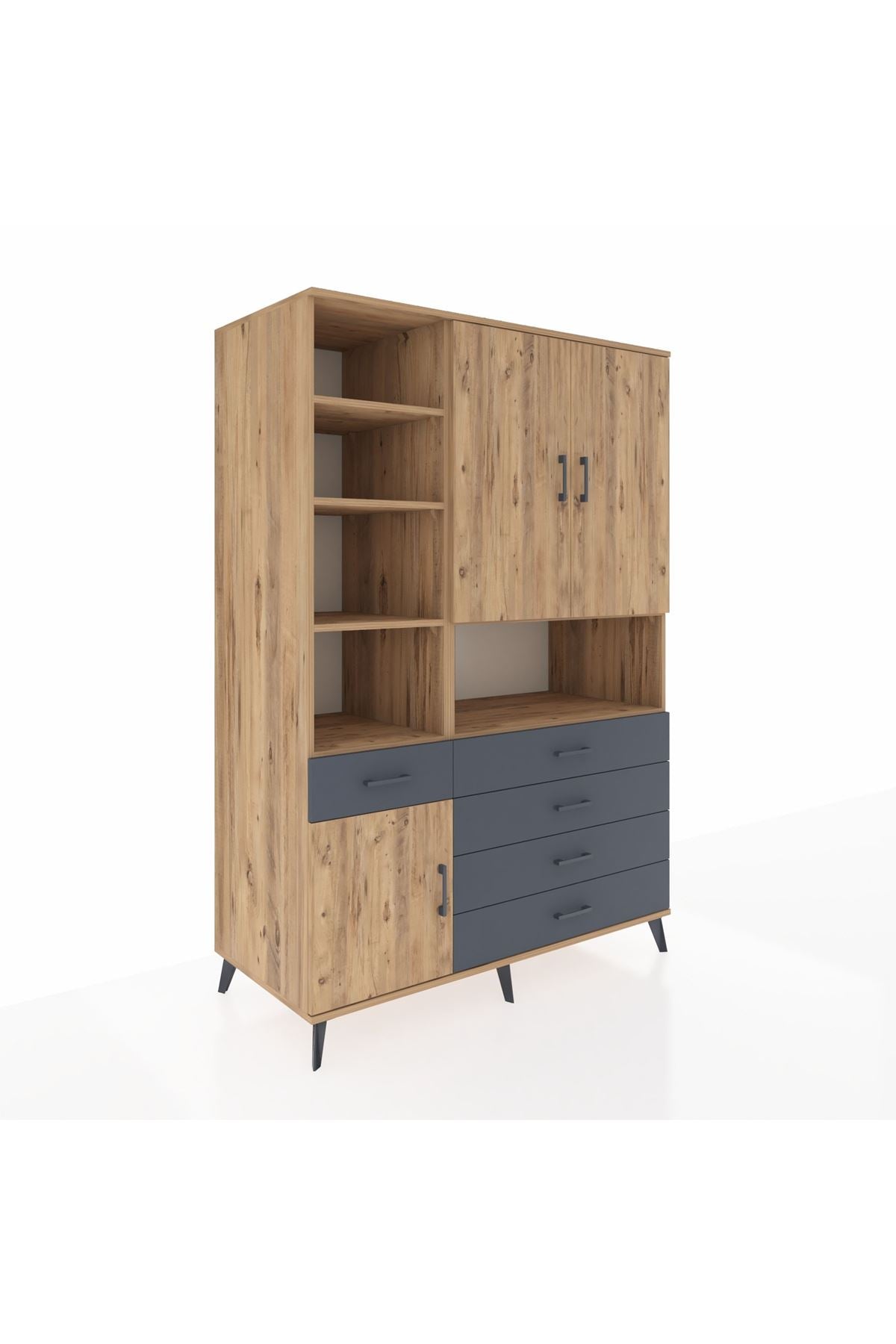 Kronos Dolap 8 Raflı 5 Çekmeceli 3 Kapaklı 132x59x195 Çam-Çam/Antrasit