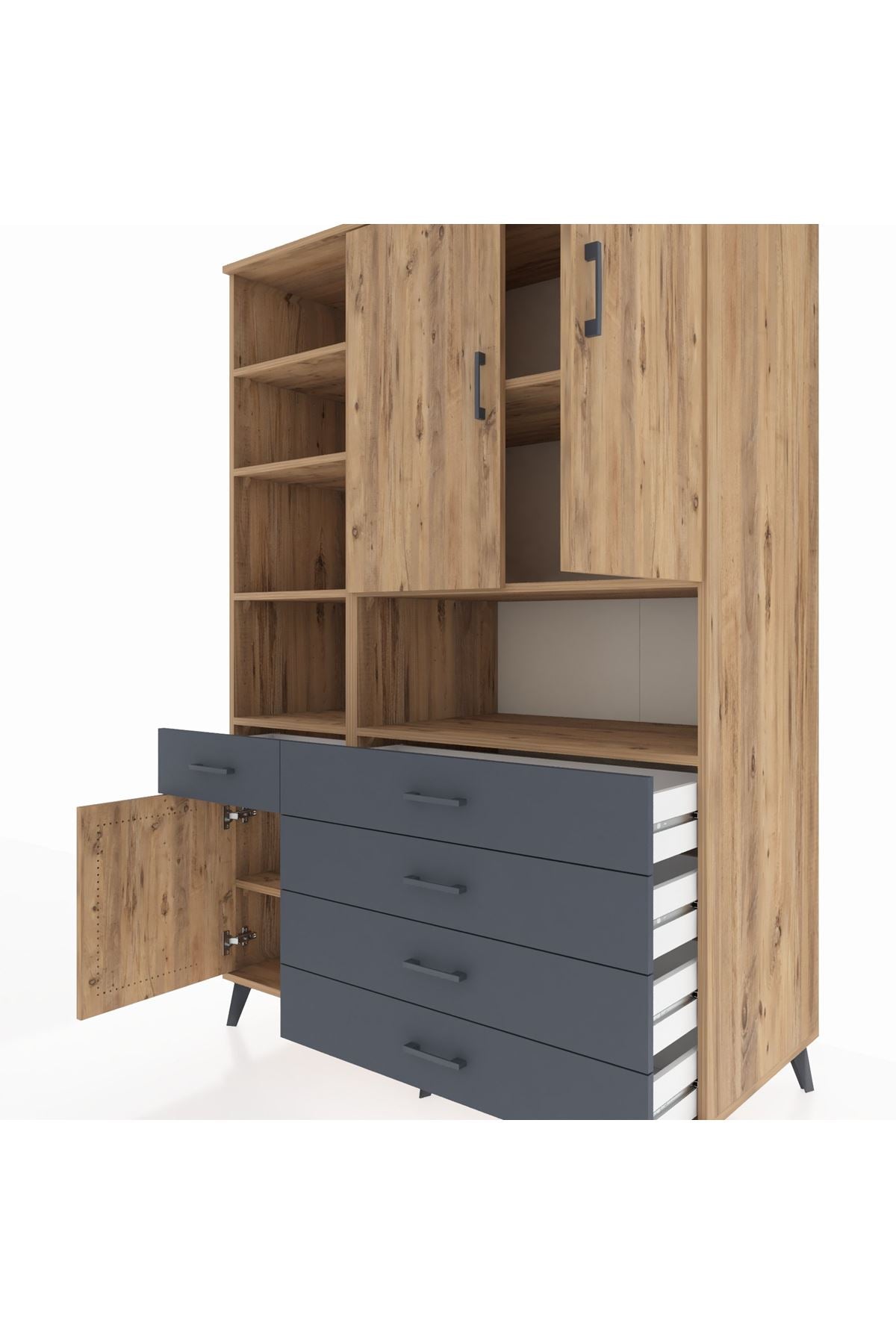 Kronos Dolap 8 Raflı 5 Çekmeceli 3 Kapaklı 132x59x195 Çam-Çam/Antrasit