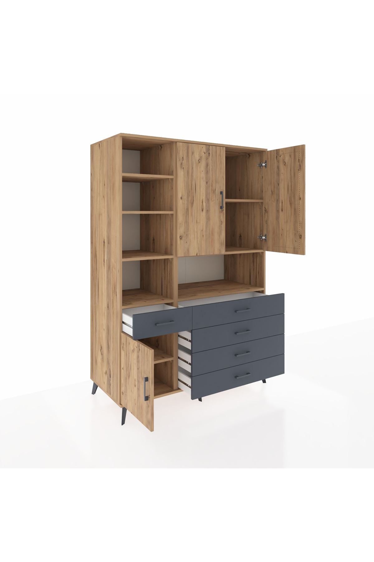 Kronos Dolap 8 Raflı 5 Çekmeceli 3 Kapaklı 132x59x195 Çam-Çam/Antrasit