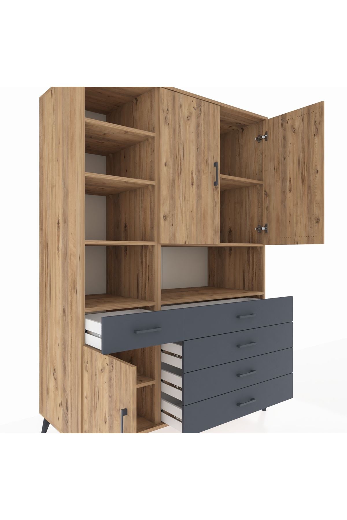 Kronos Dolap 8 Raflı 5 Çekmeceli 3 Kapaklı 132x59x195 Çam-Çam/Antrasit