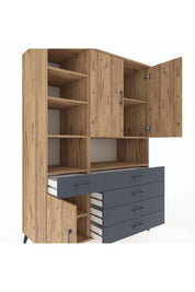 Kronos Dolap 8 Raflı 5 Çekmeceli 3 Kapaklı 132x59x195 Çam-Çam/Antrasit